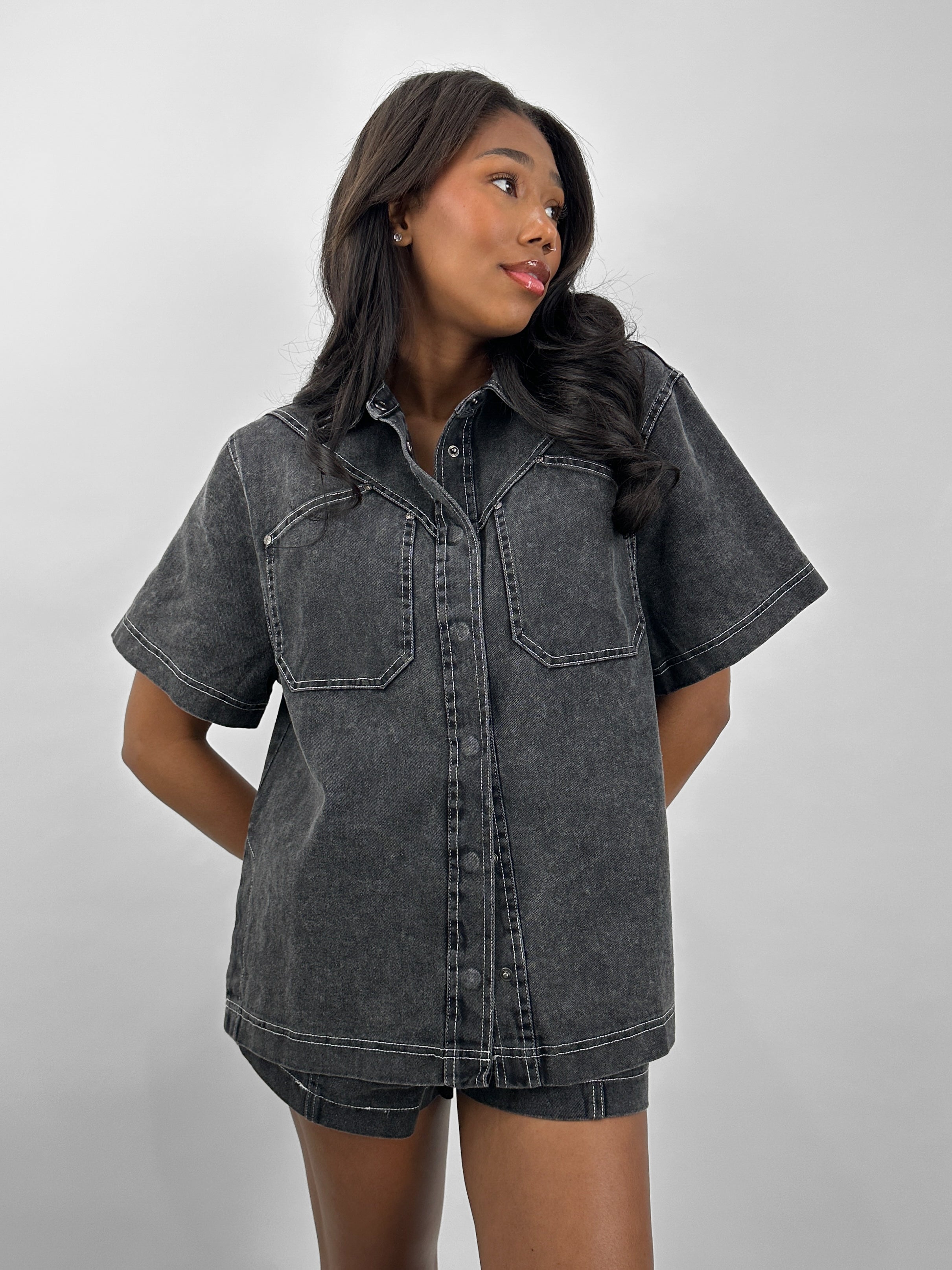 Contrast Stitch Short Sleeve Denim Button Down