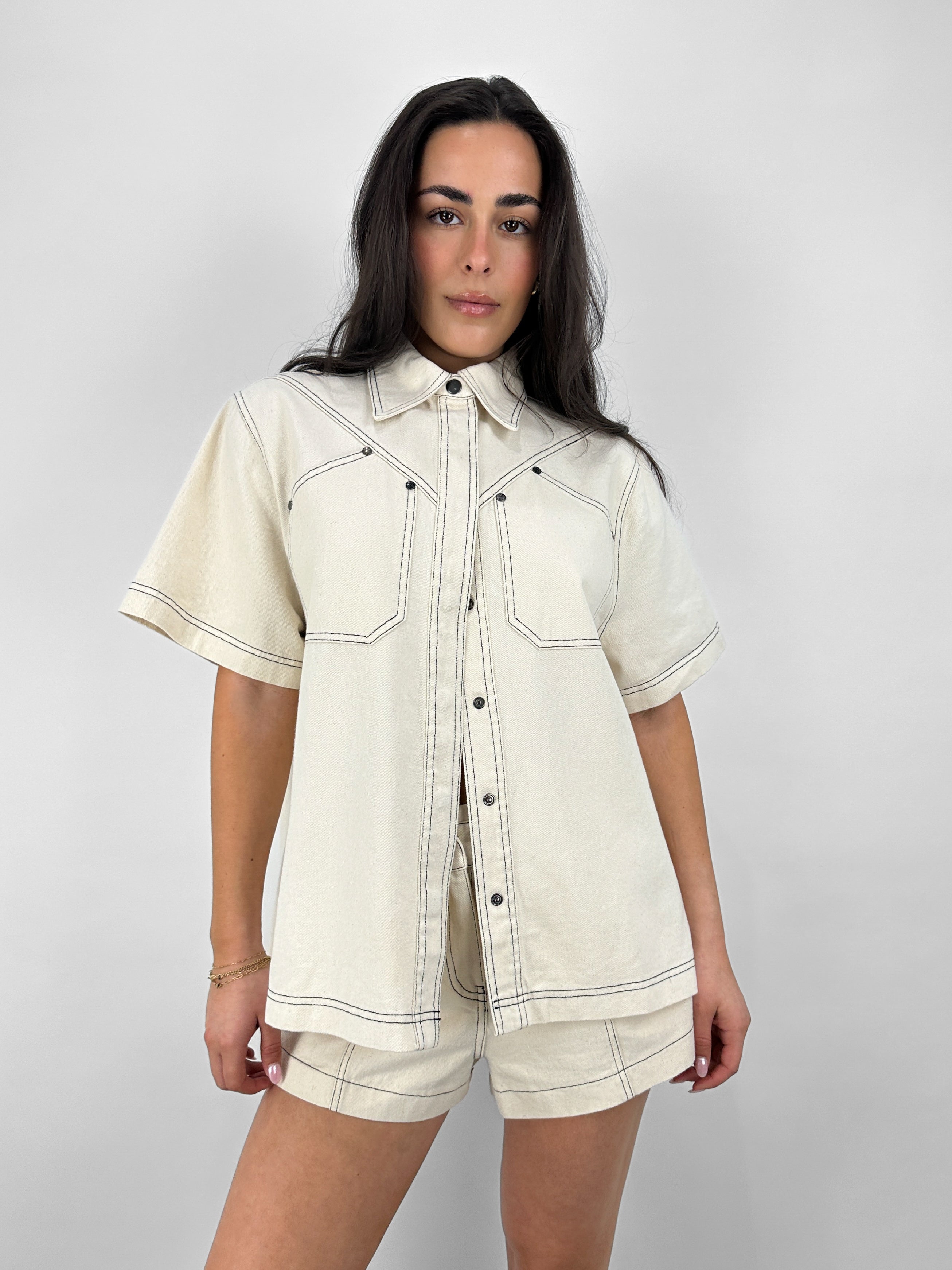 Contrast Stitch Short Sleeve Denim Button Down