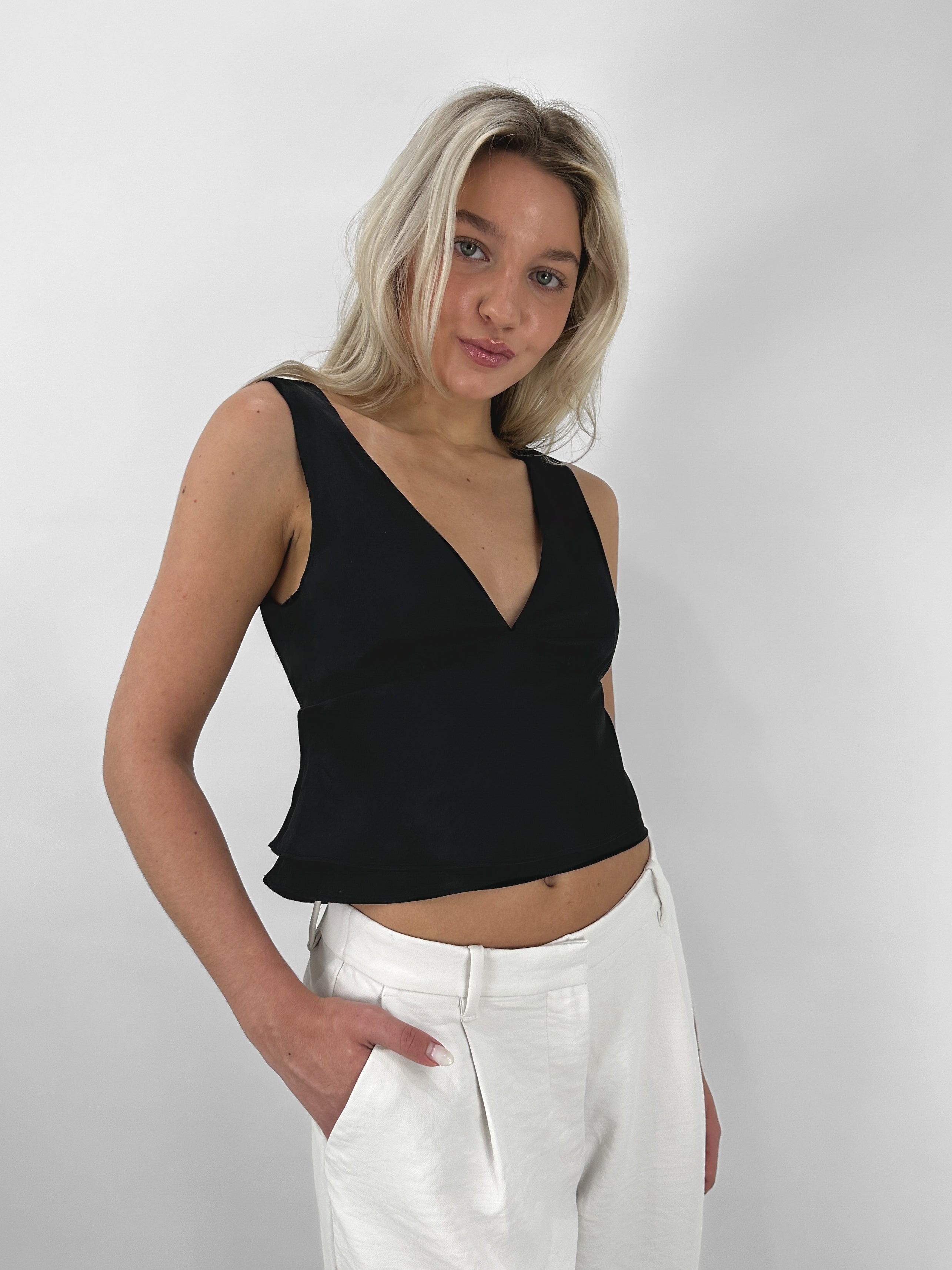 Deep V Satin Open Back Top