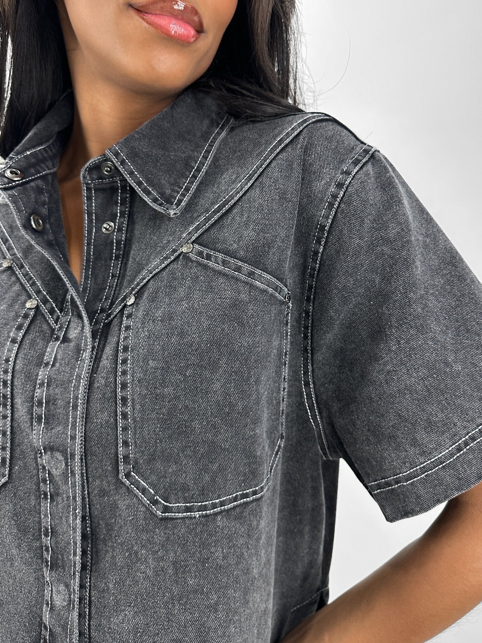 Contrast Stitch Short Sleeve Denim Button Down - Vamp Official