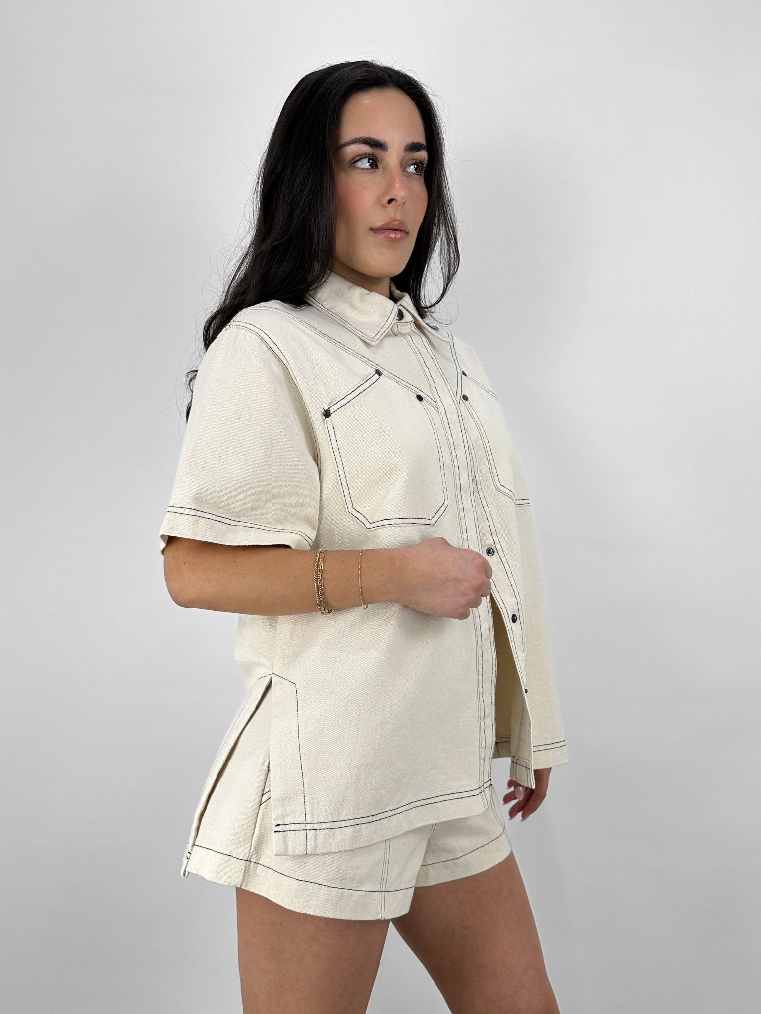 Contrast Stitch Short Sleeve Denim Button Down - Vamp Official