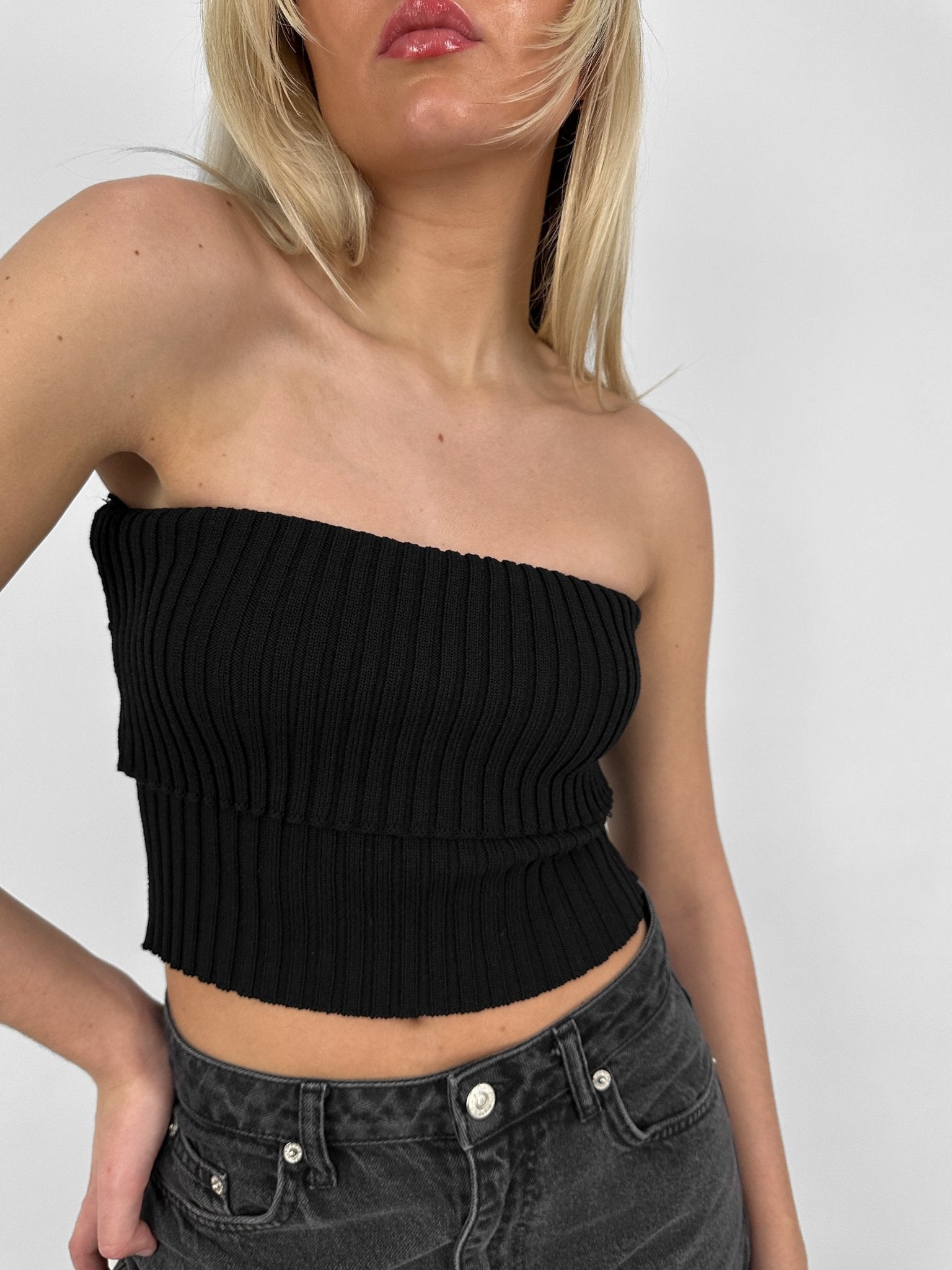 Ribbed Knit Fold Over Tube Top - Vamp Official