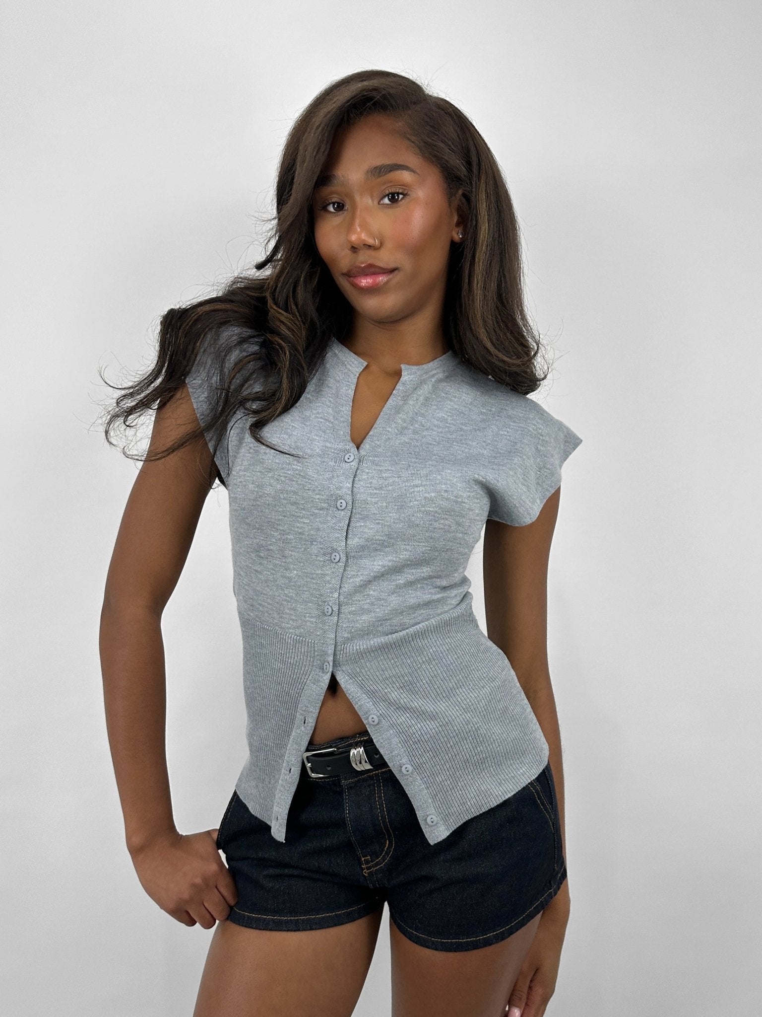 Ribbed Waist Broad Shoulder Cardi - Vamp Official