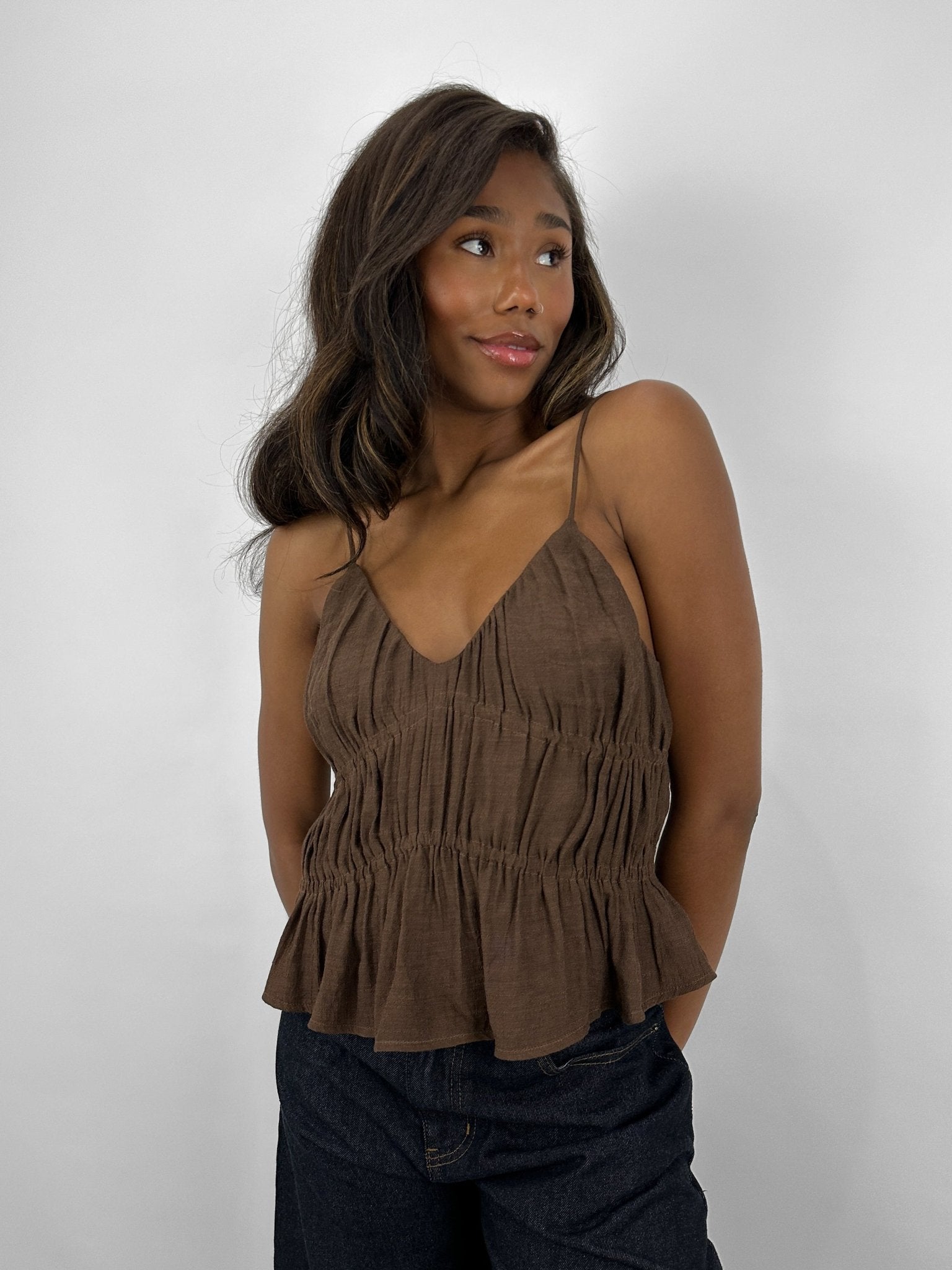 Tiered Woven Tie Shoulder Tank - Vamp Official
