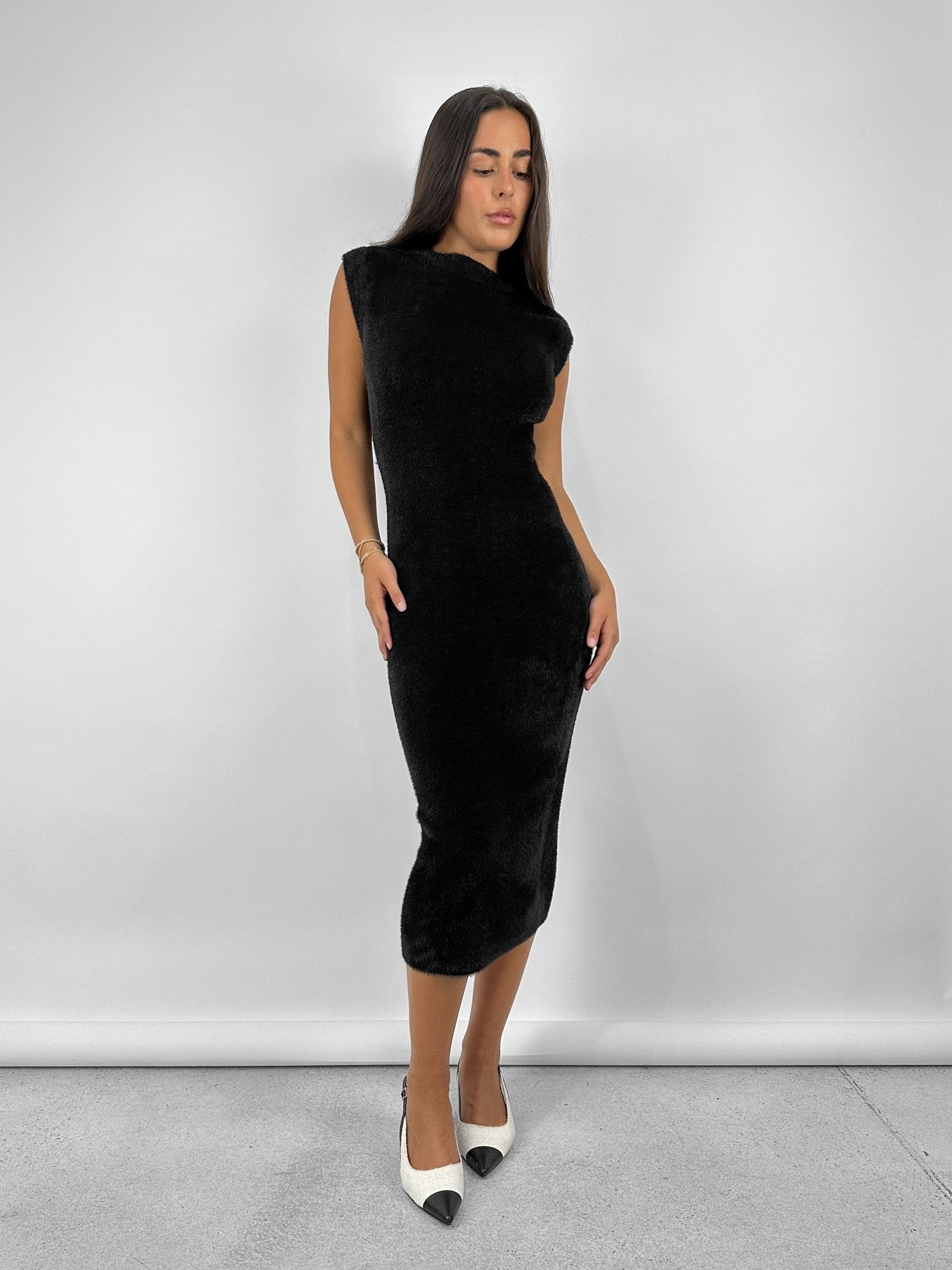 Fuzzy Wide Shoulder Midi Dress - Vamp Official