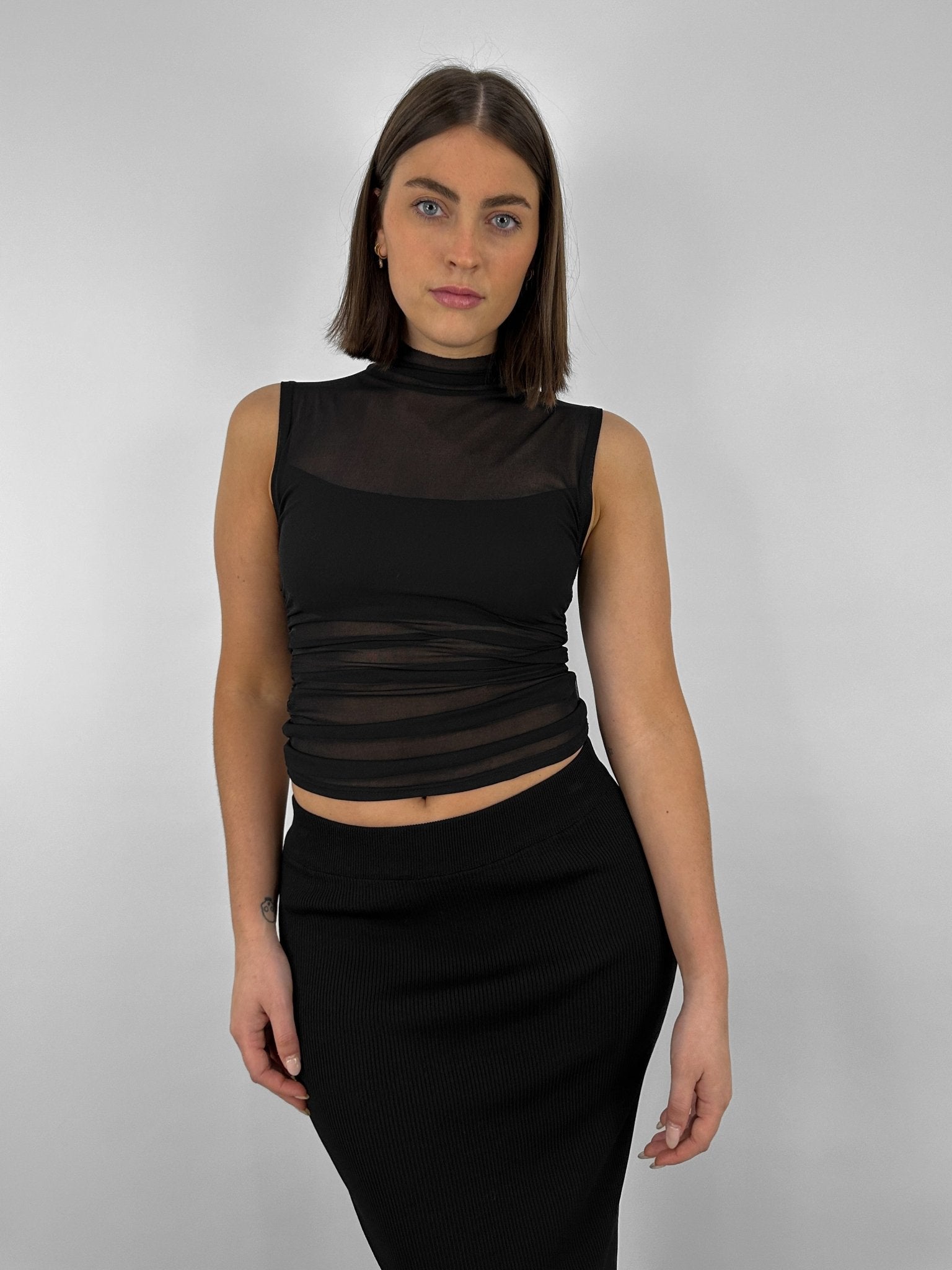 Black Satin Bralet One Sleeve Detail Crop Top