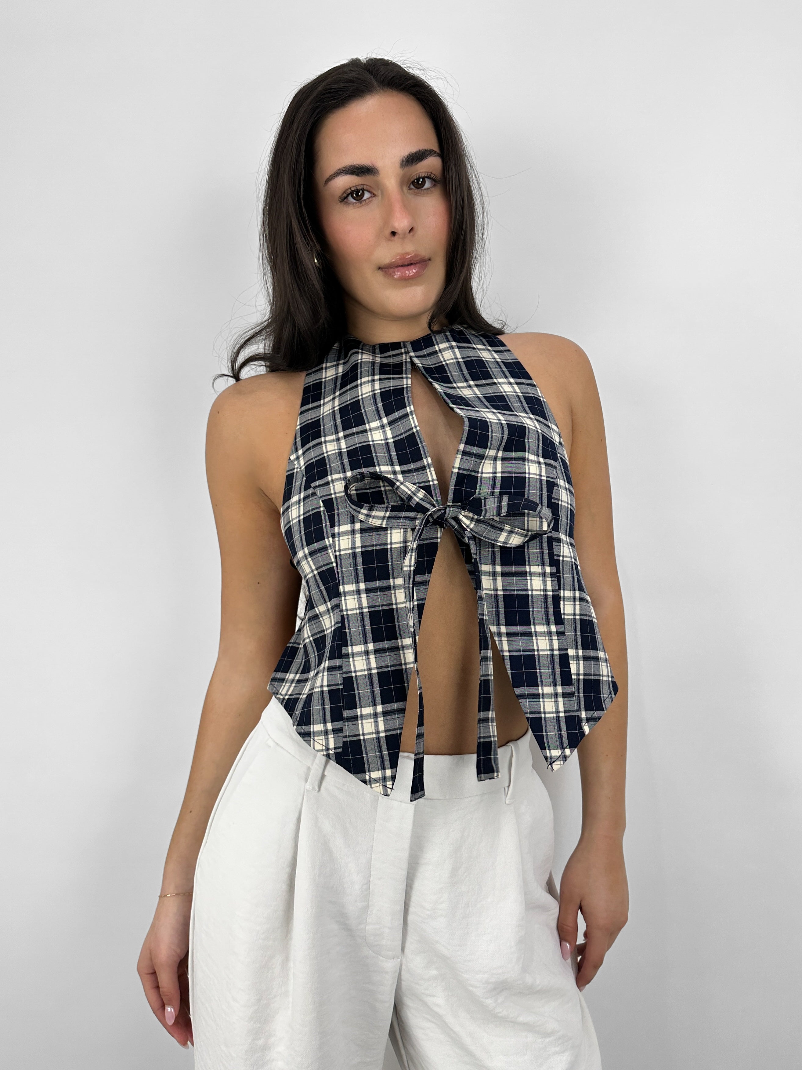Plaid Tie Front Open Back Top