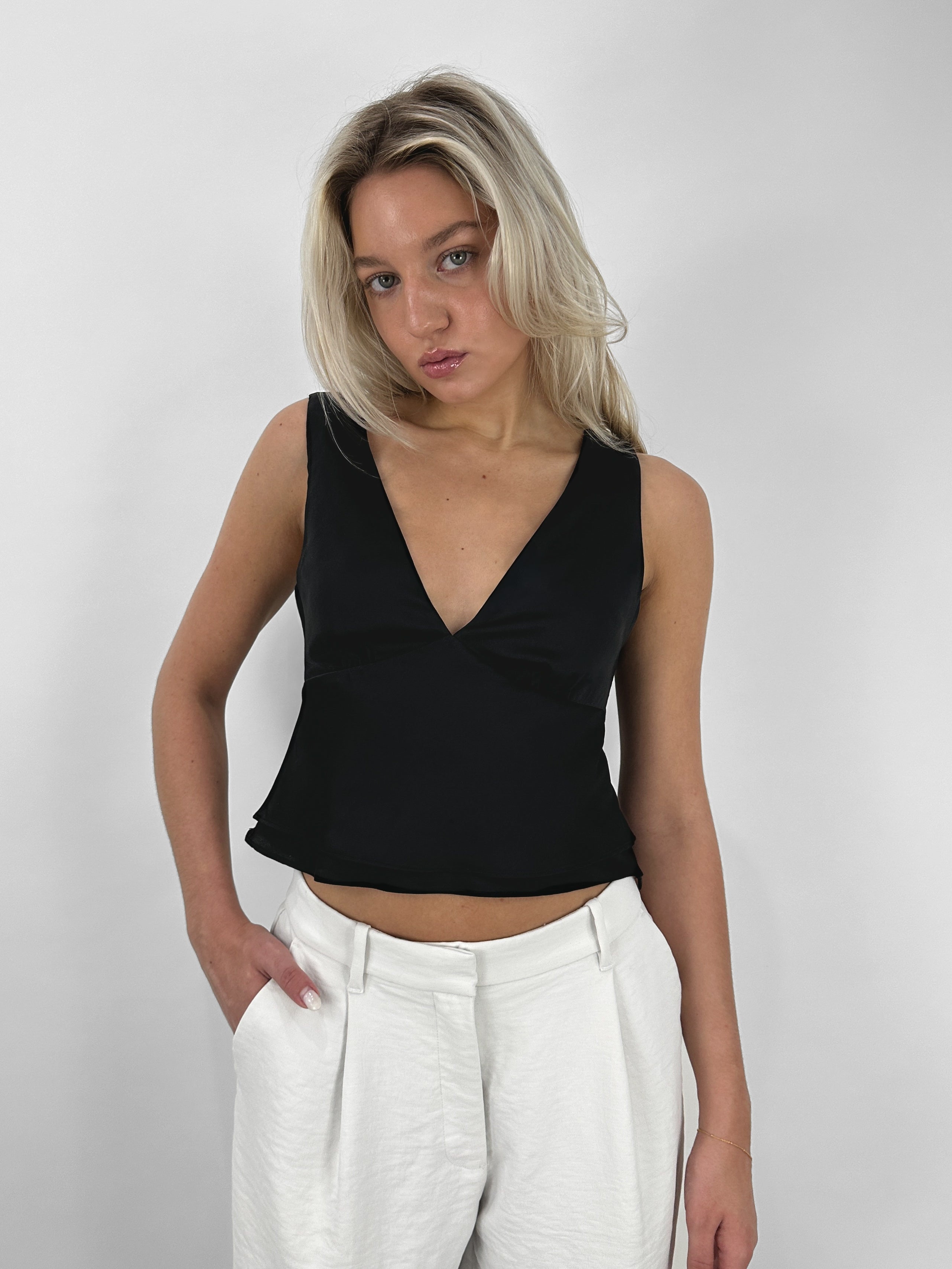 Deep V Satin Open Back Top