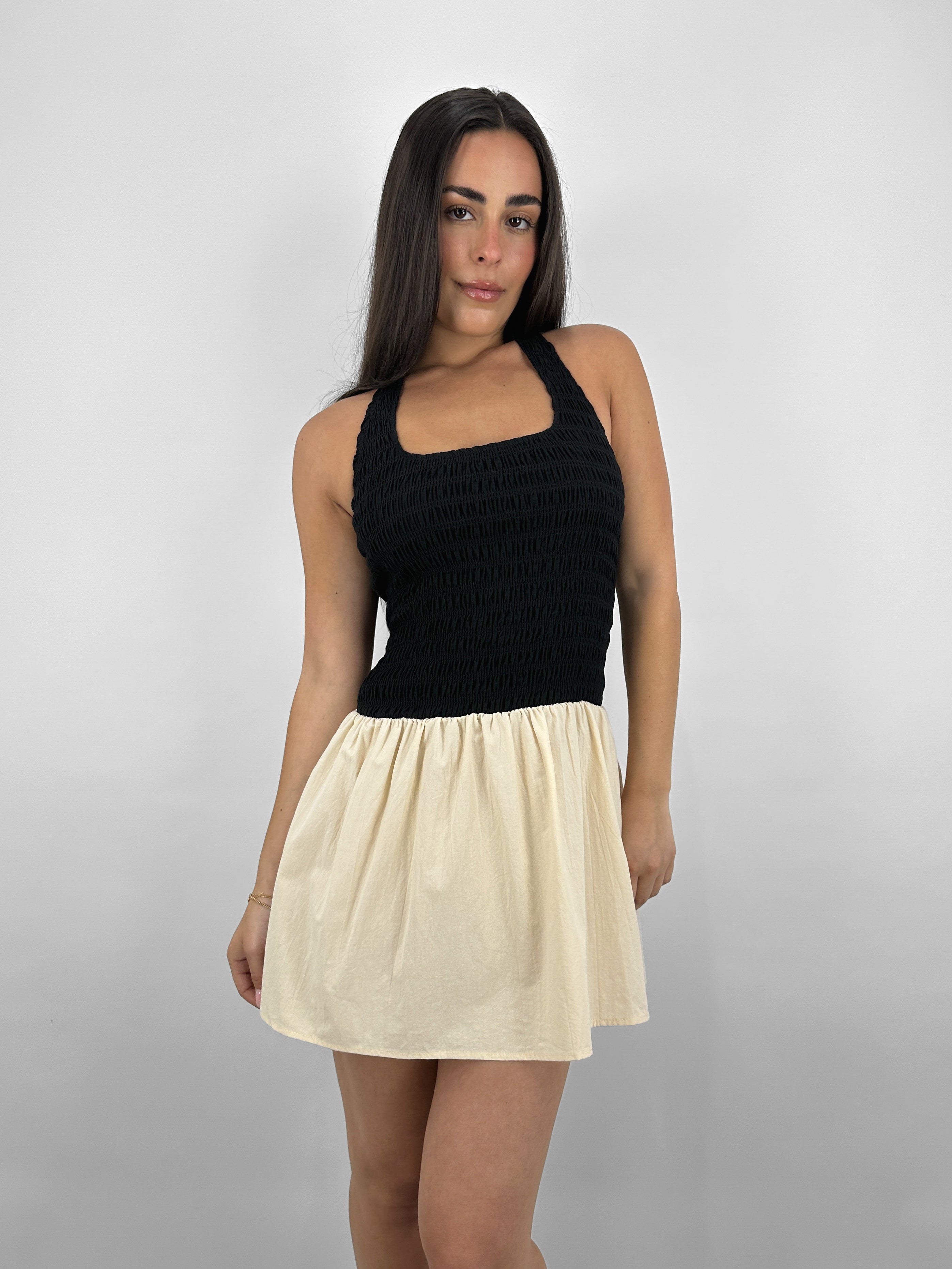 Smocked Drop Waist Two Tone Mini Dress