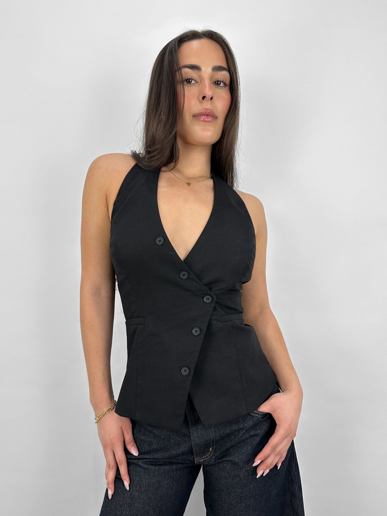 Asymmetrical Button Down Halter Vest - Vamp Official