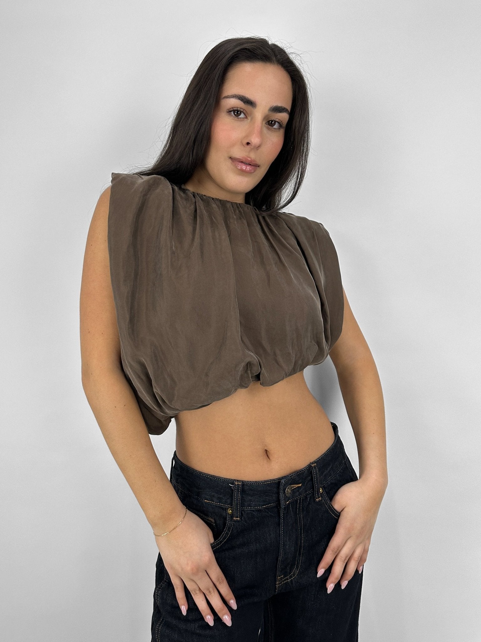 Asymmetrical Shoulder Padded Bubble Top - Vamp Official
