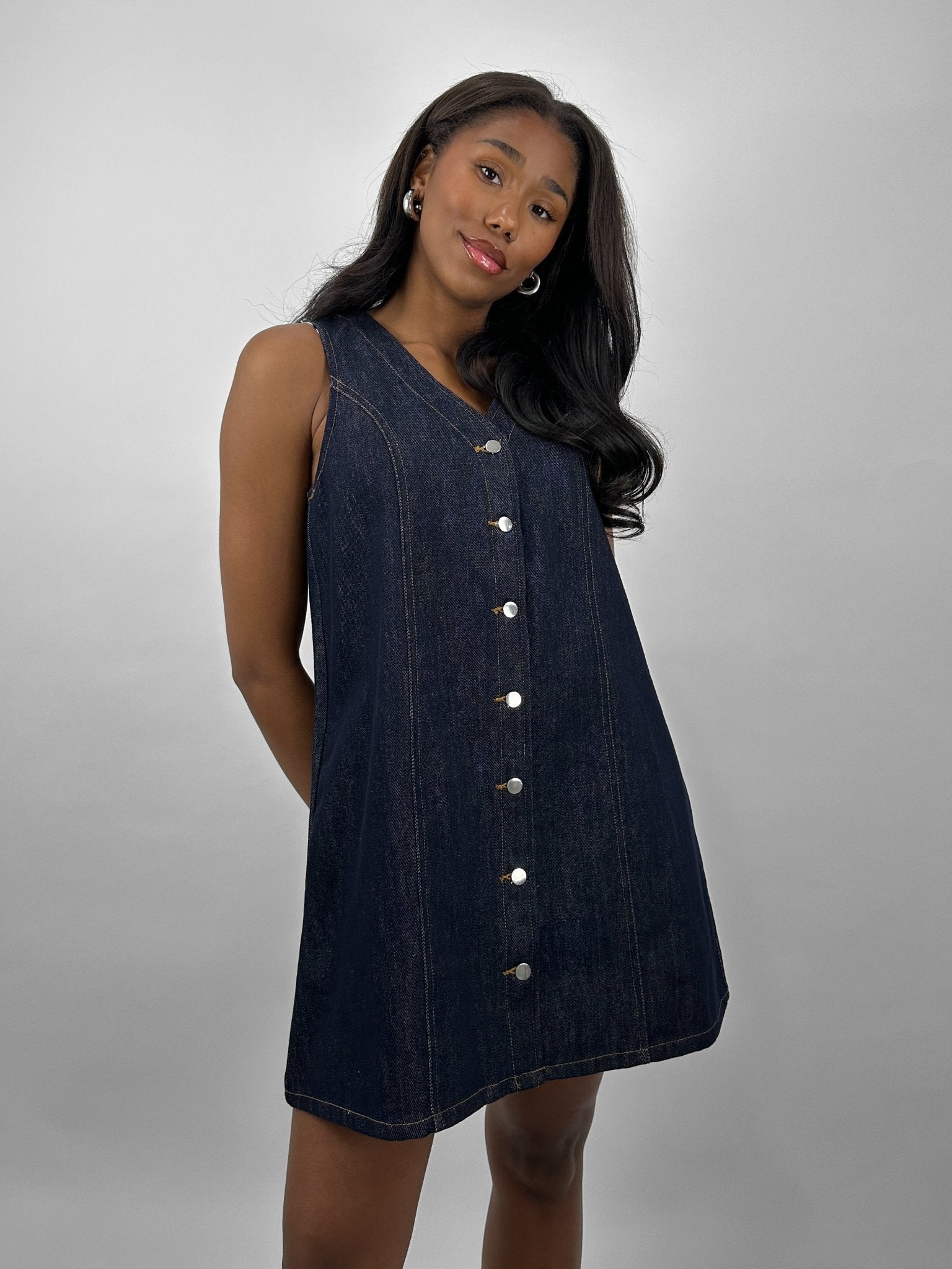 Button Down Denim Vest Dress - Vamp Official