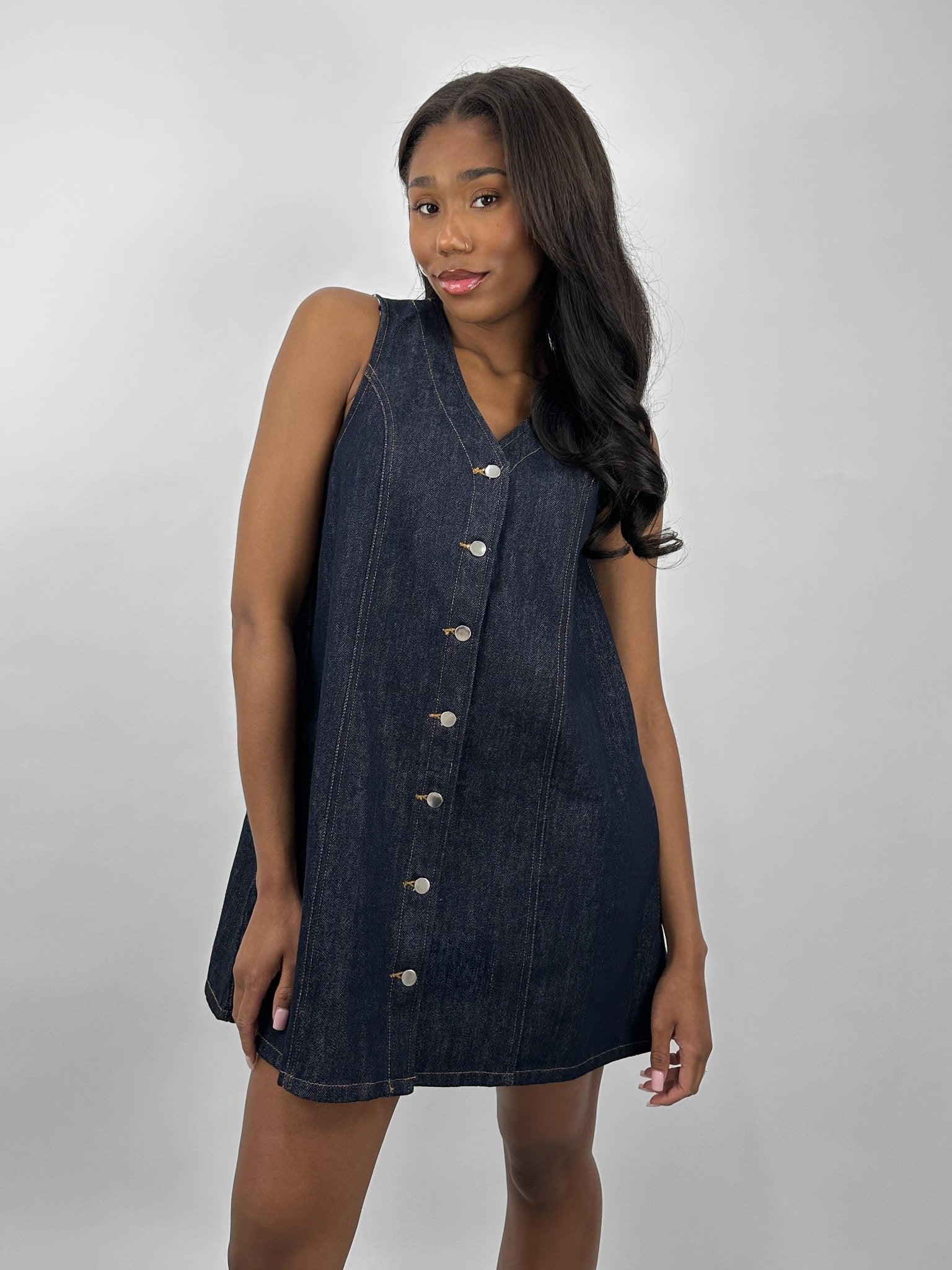 Button Down Denim Vest Dress - Vamp Official