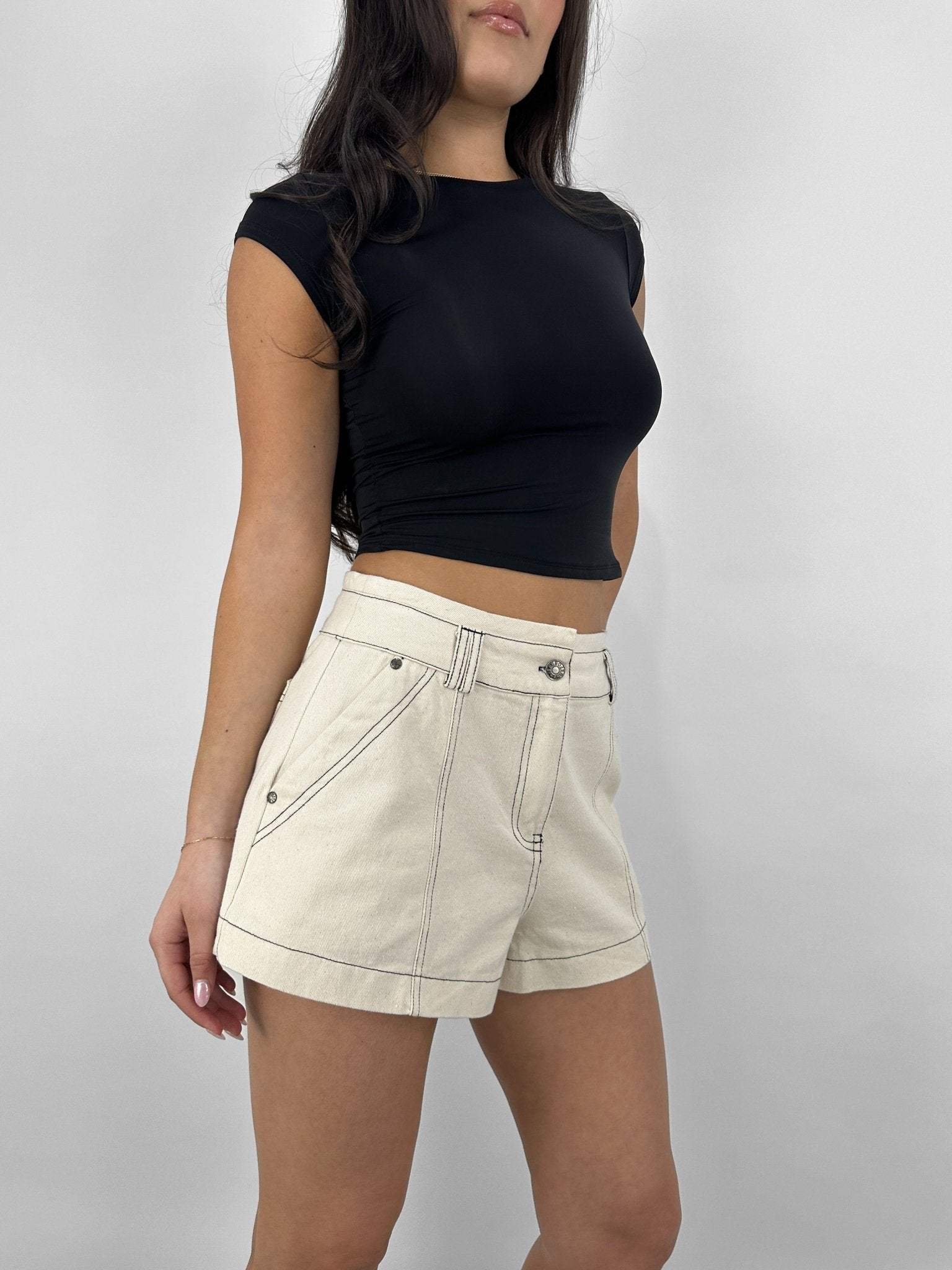 Contrast Stitch High Rise Shorts - Vamp Official