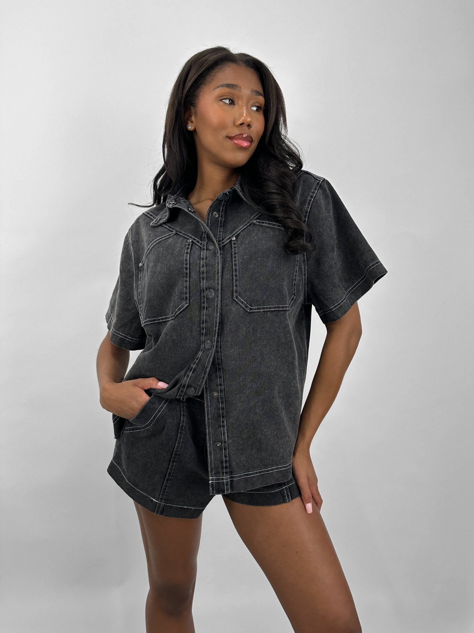 Contrast Stitch Short Sleeve Denim Button Down - Vamp Official