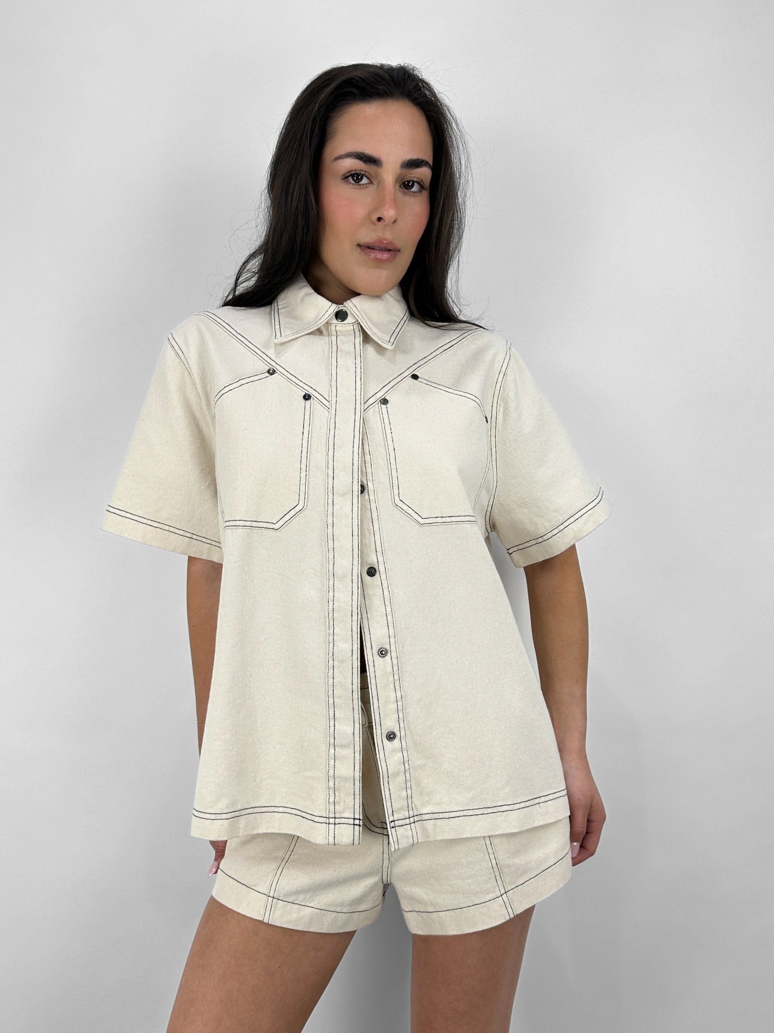 Contrast Stitch Short Sleeve Denim Button Down - Vamp Official