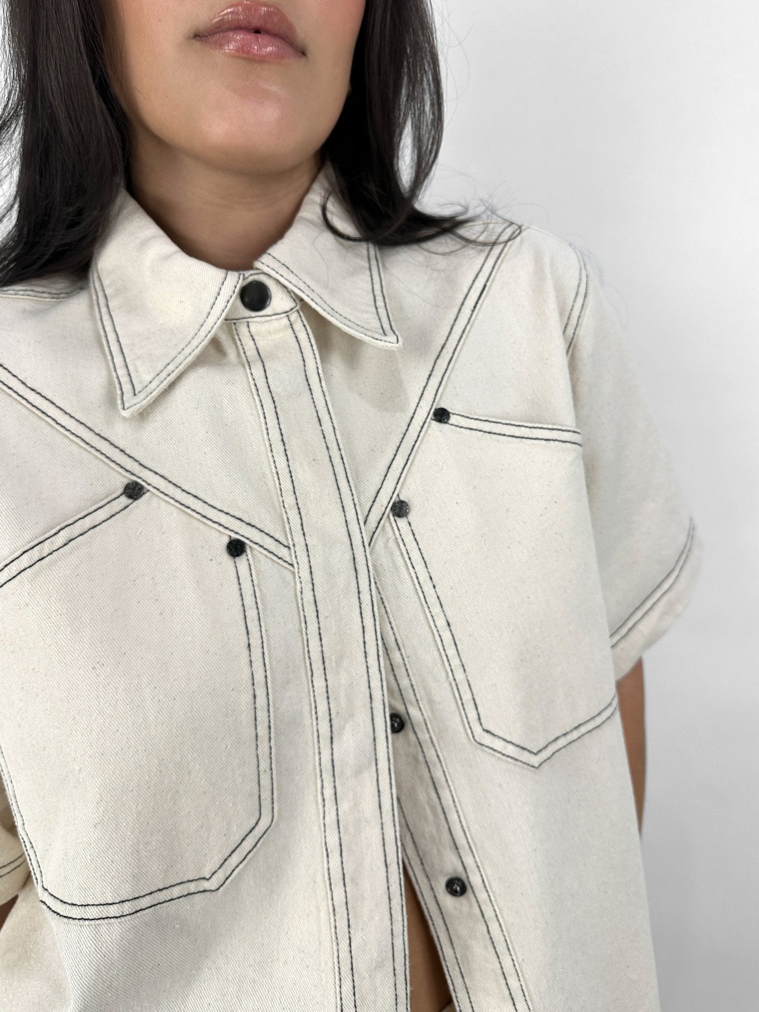Contrast Stitch Short Sleeve Denim Button Down - Vamp Official