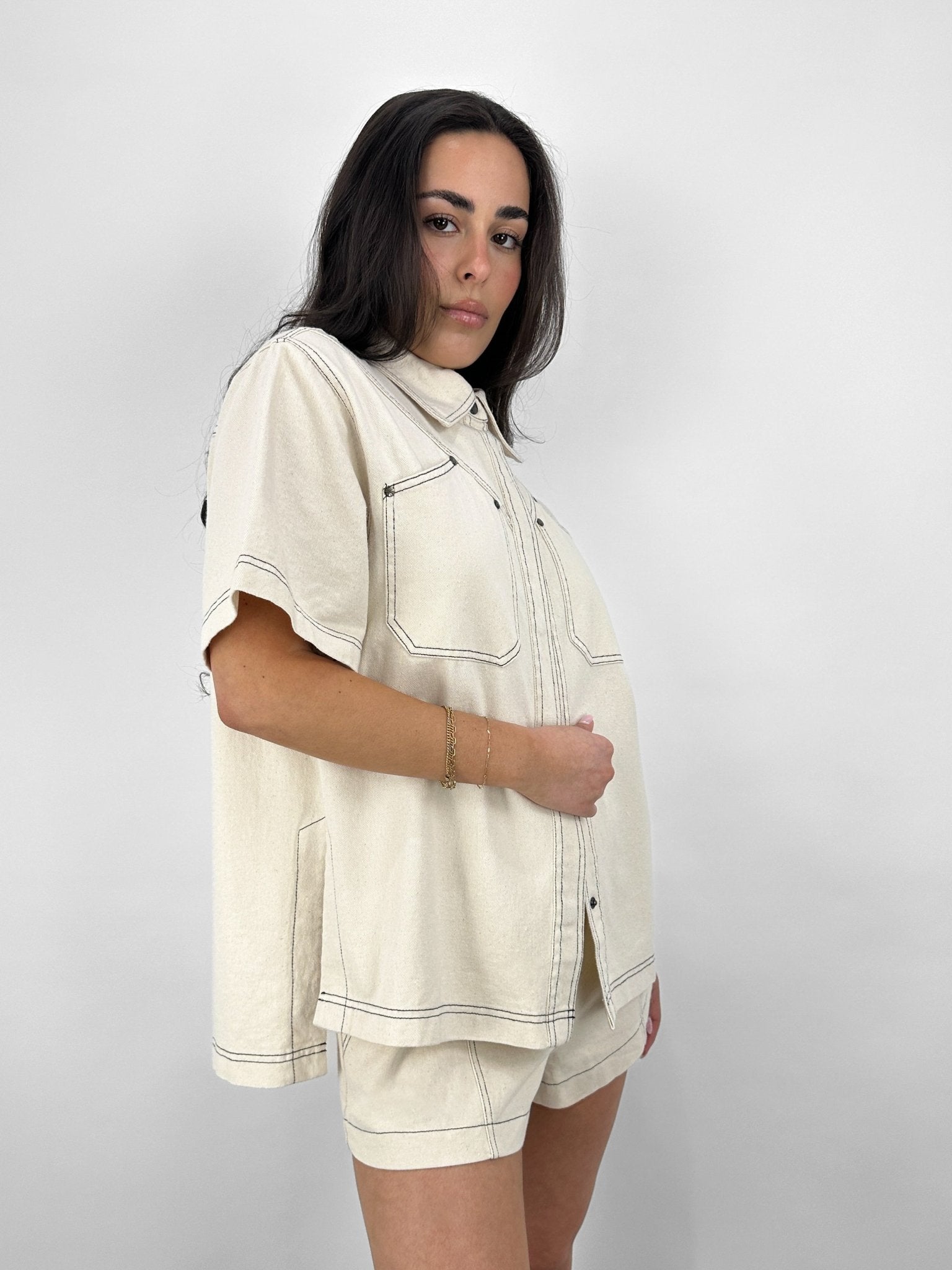 Contrast Stitch Short Sleeve Denim Button Down - Vamp Official