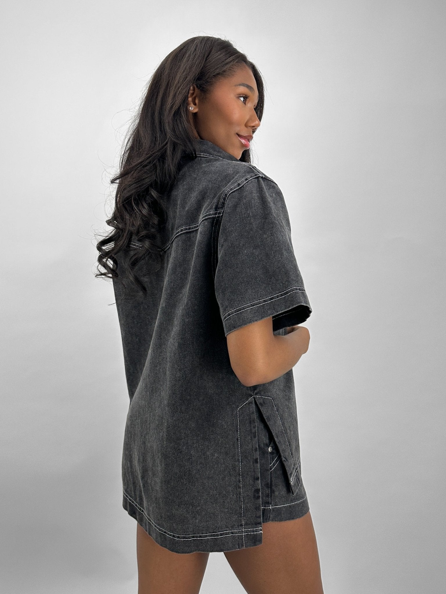 Contrast Stitch Short Sleeve Denim Button Down - Vamp Official