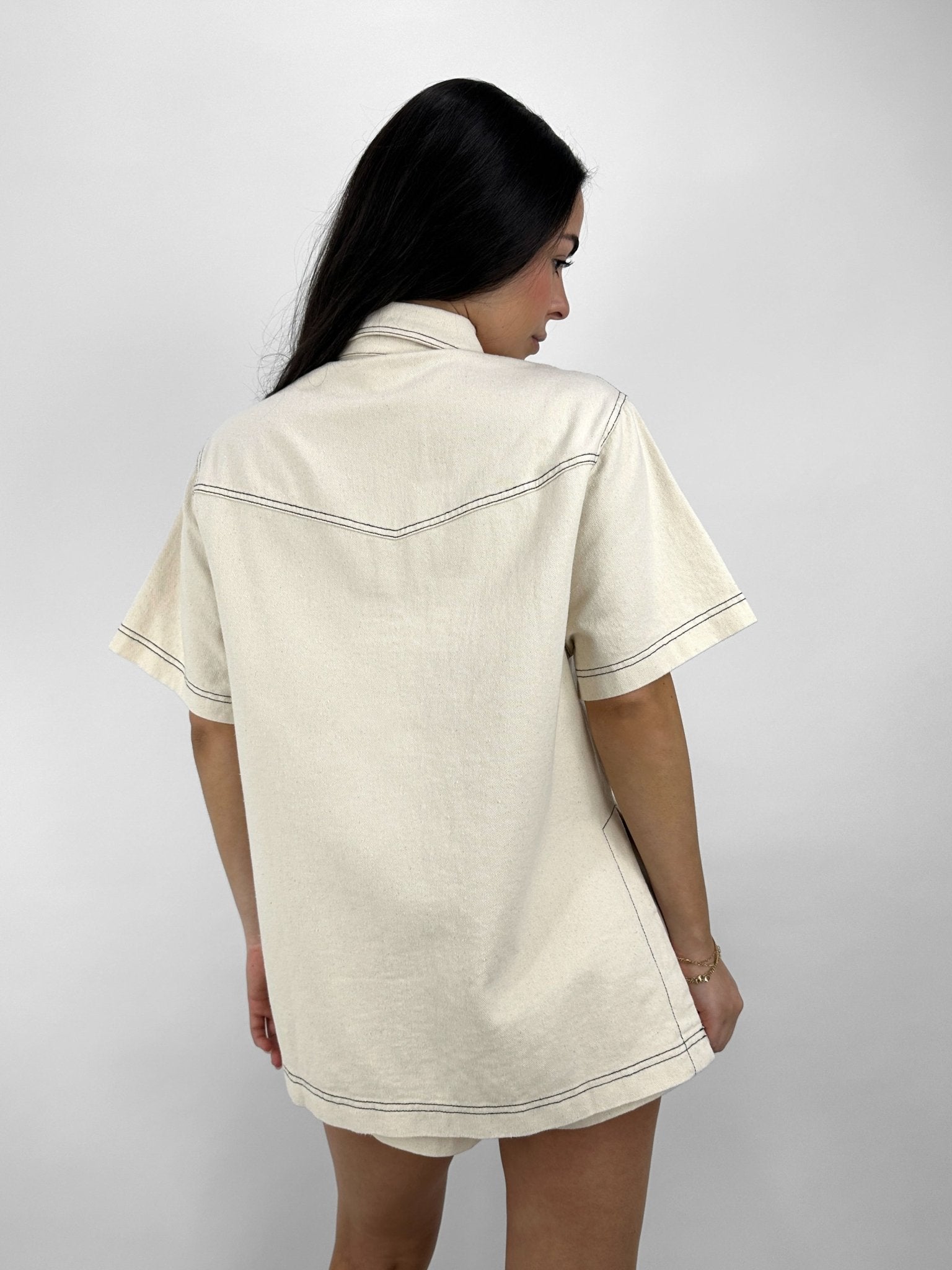 Contrast Stitch Short Sleeve Denim Button Down - Vamp Official