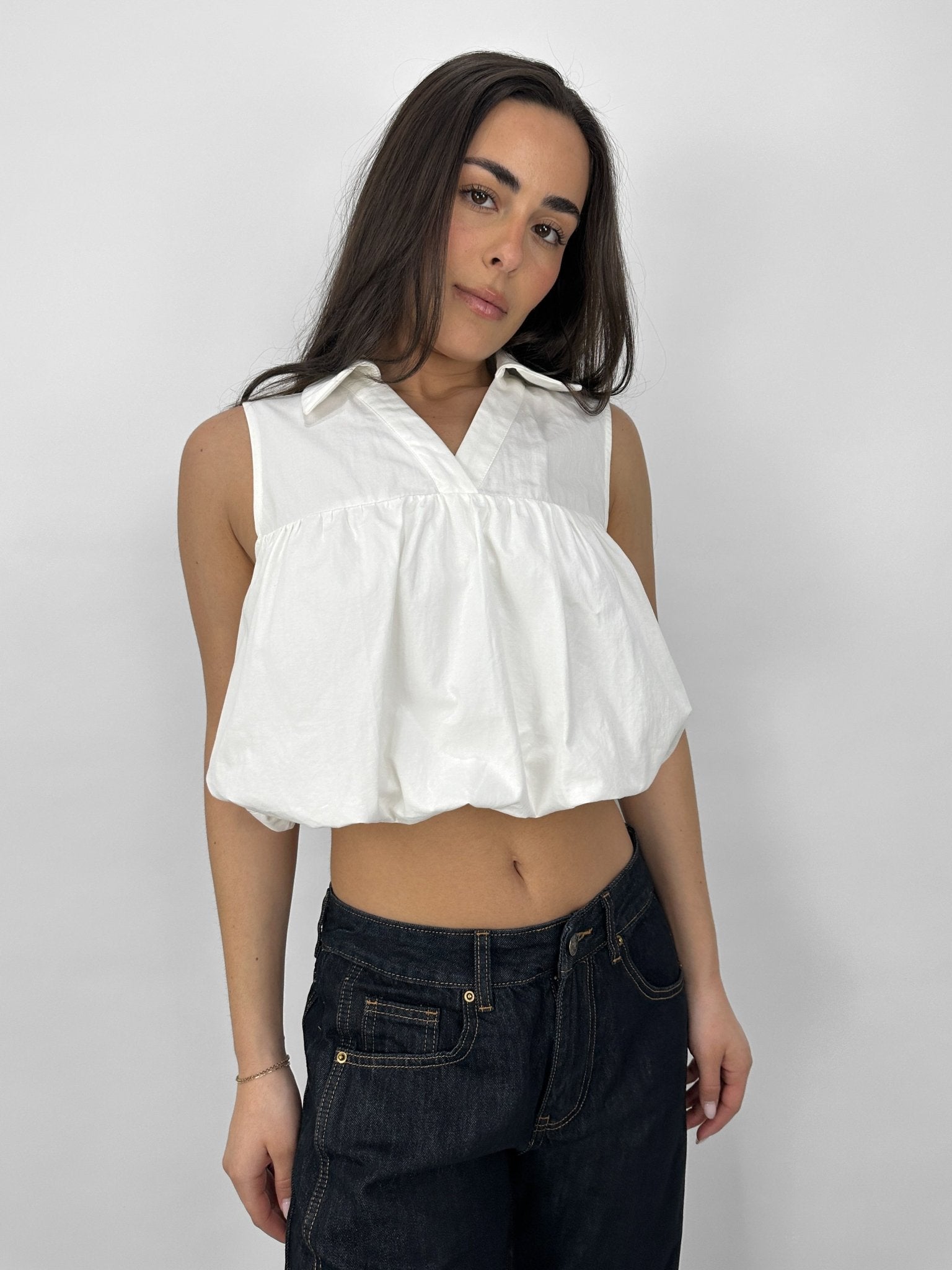 Cropped Collared Bubble Hem Tank - Vamp Official