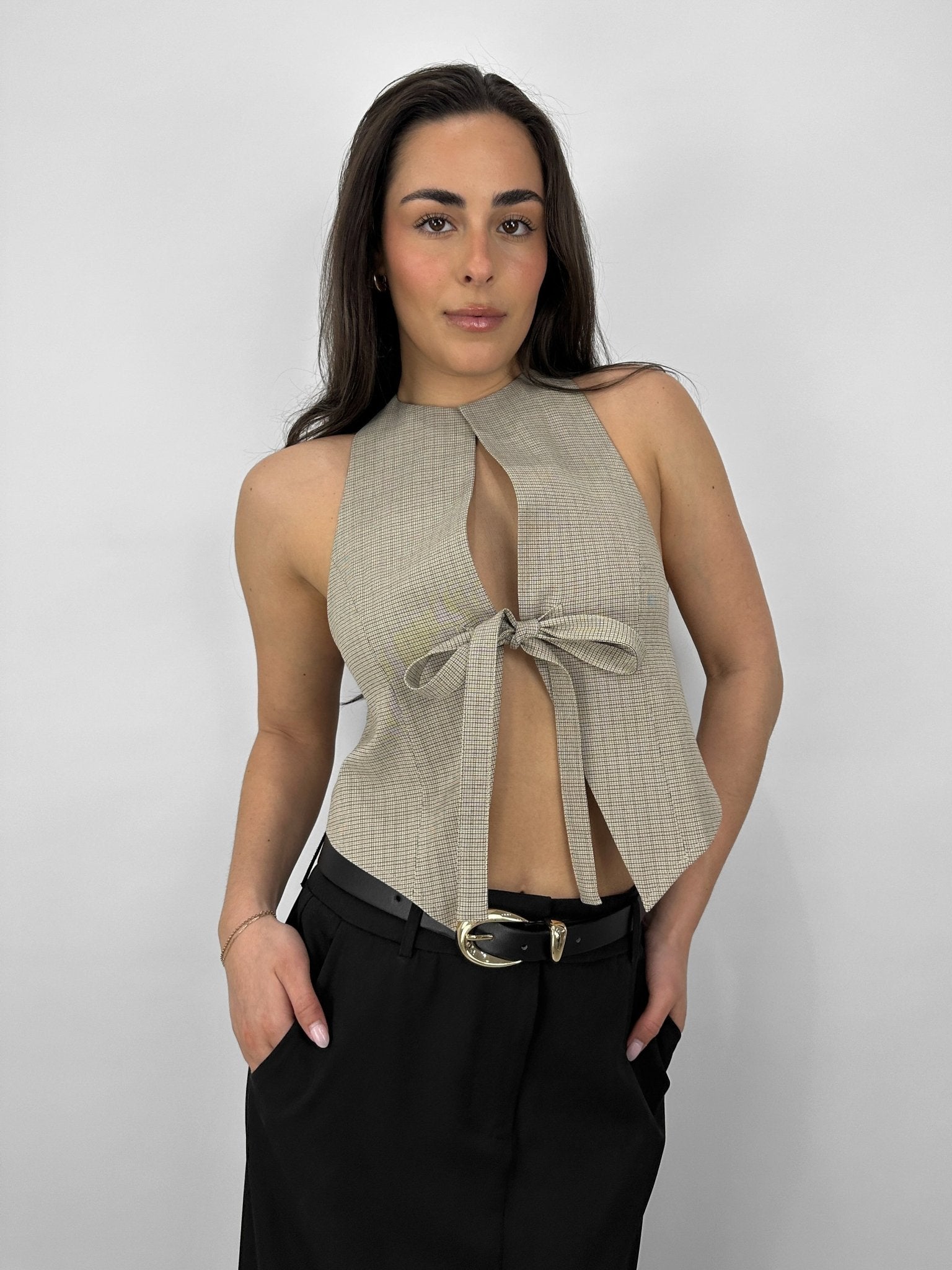 Gingham Tie Front Open Back Top - Vamp Official