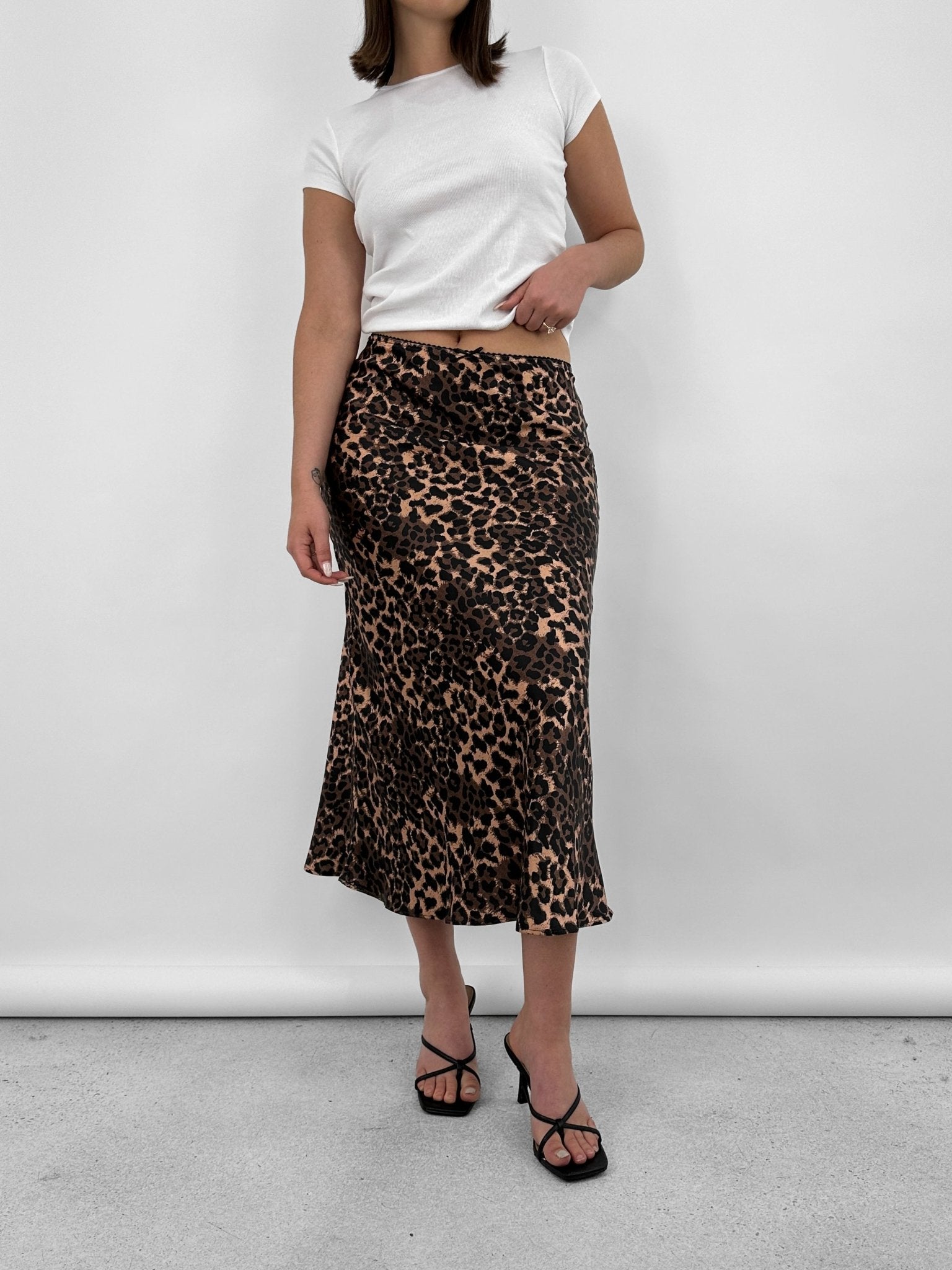 Leopard Print Satin Midi Skirt - Vamp Official