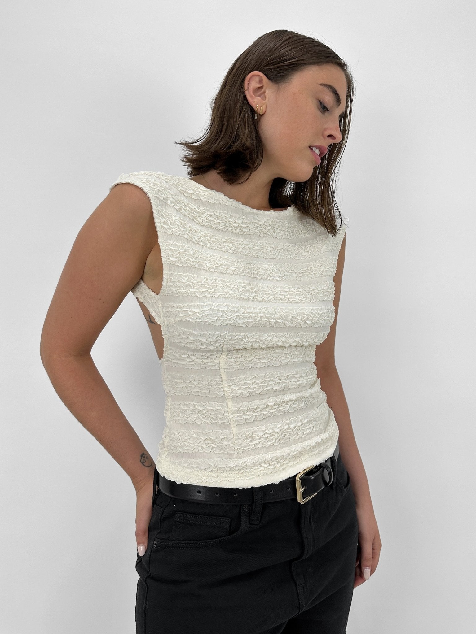 Low Back Textured Cap Sleeve Tee - Vamp Official