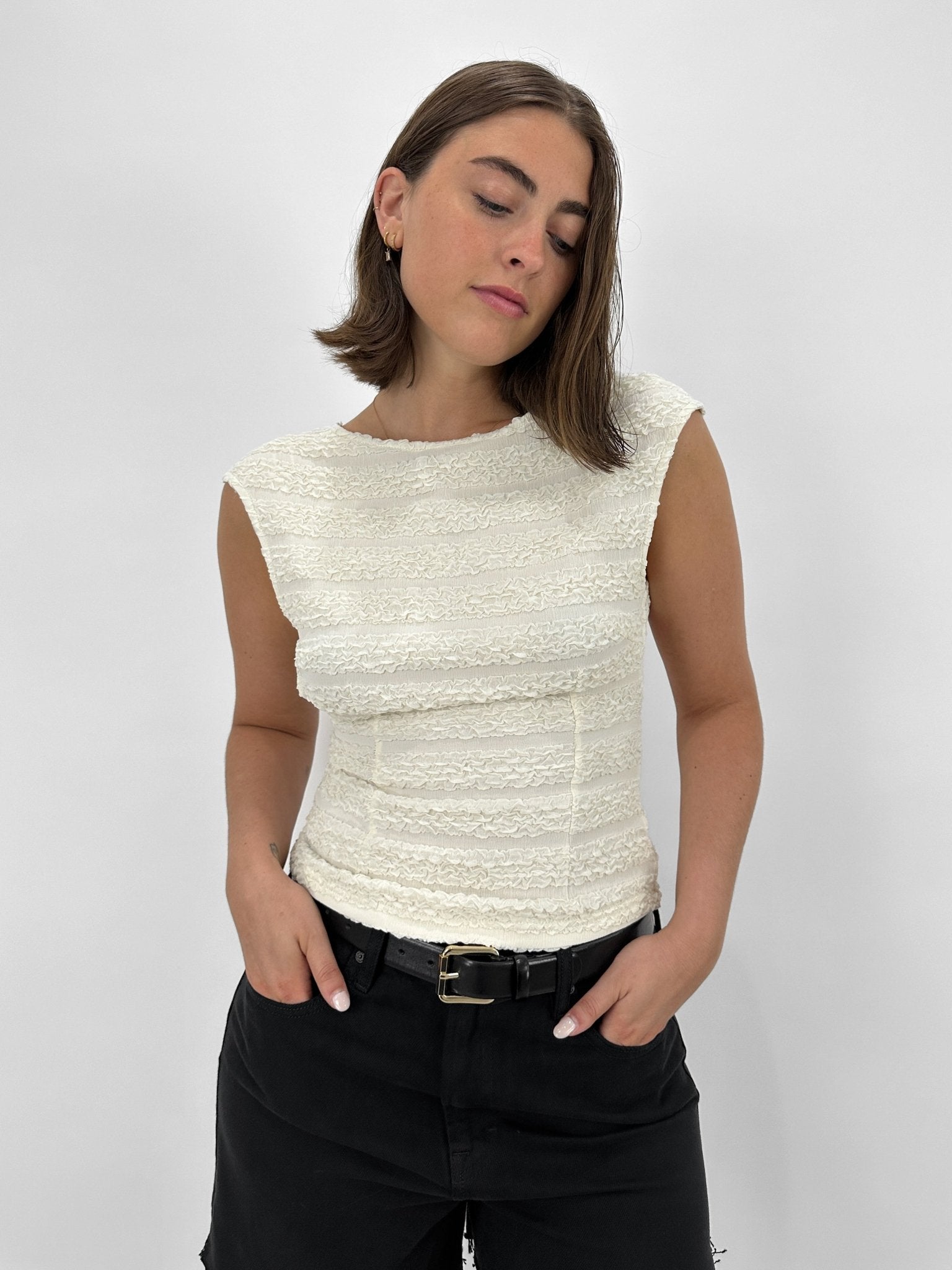 Low Back Textured Cap Sleeve Tee - Vamp Official