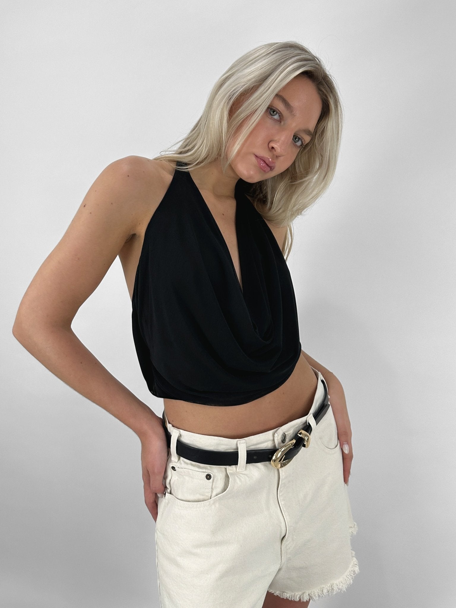 Mesh Drape Low Back Cowl Neck - Vamp Official