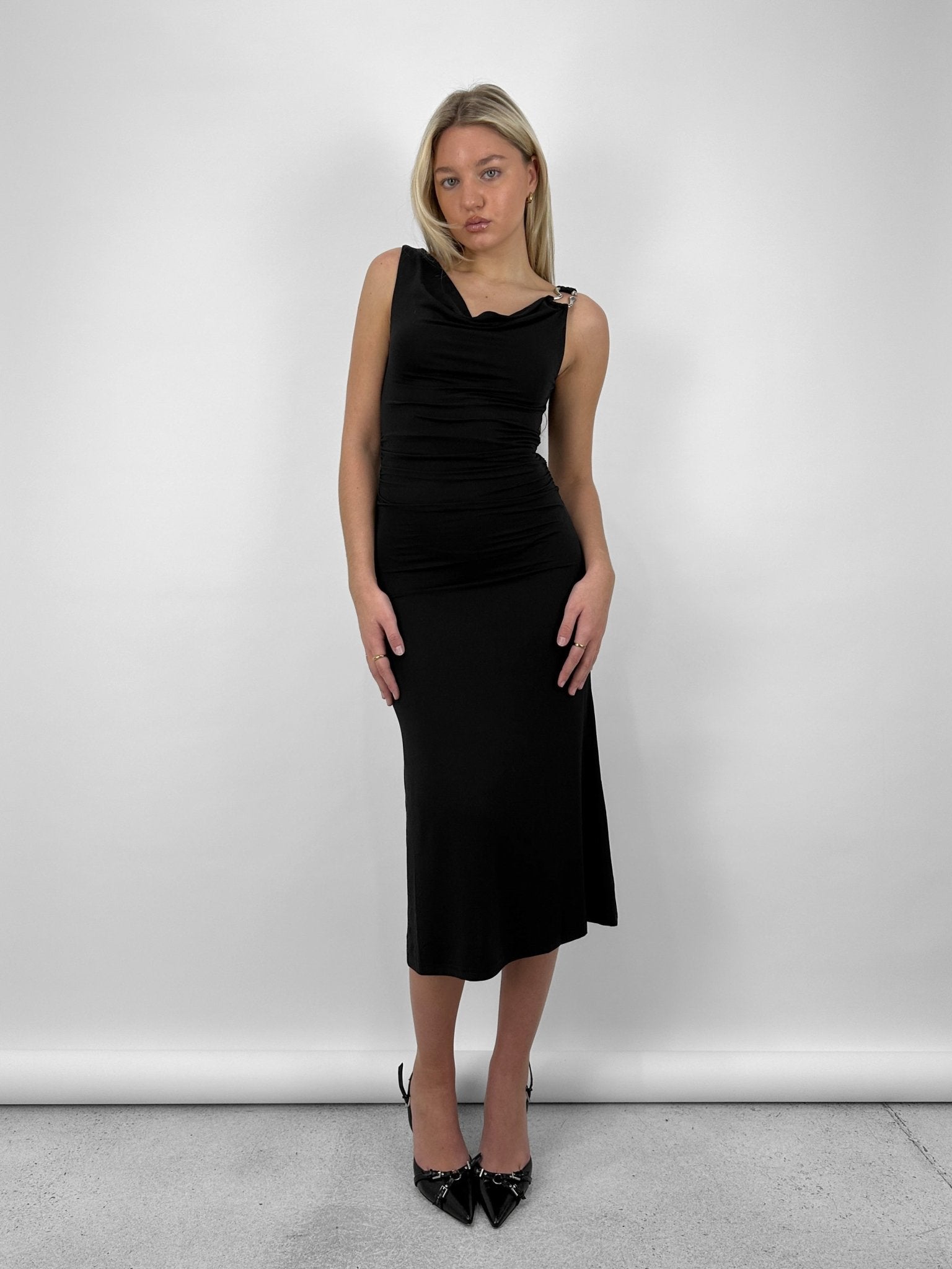 Organic Ring Hardware Cowl Neck Midi Dress - Vamp Official