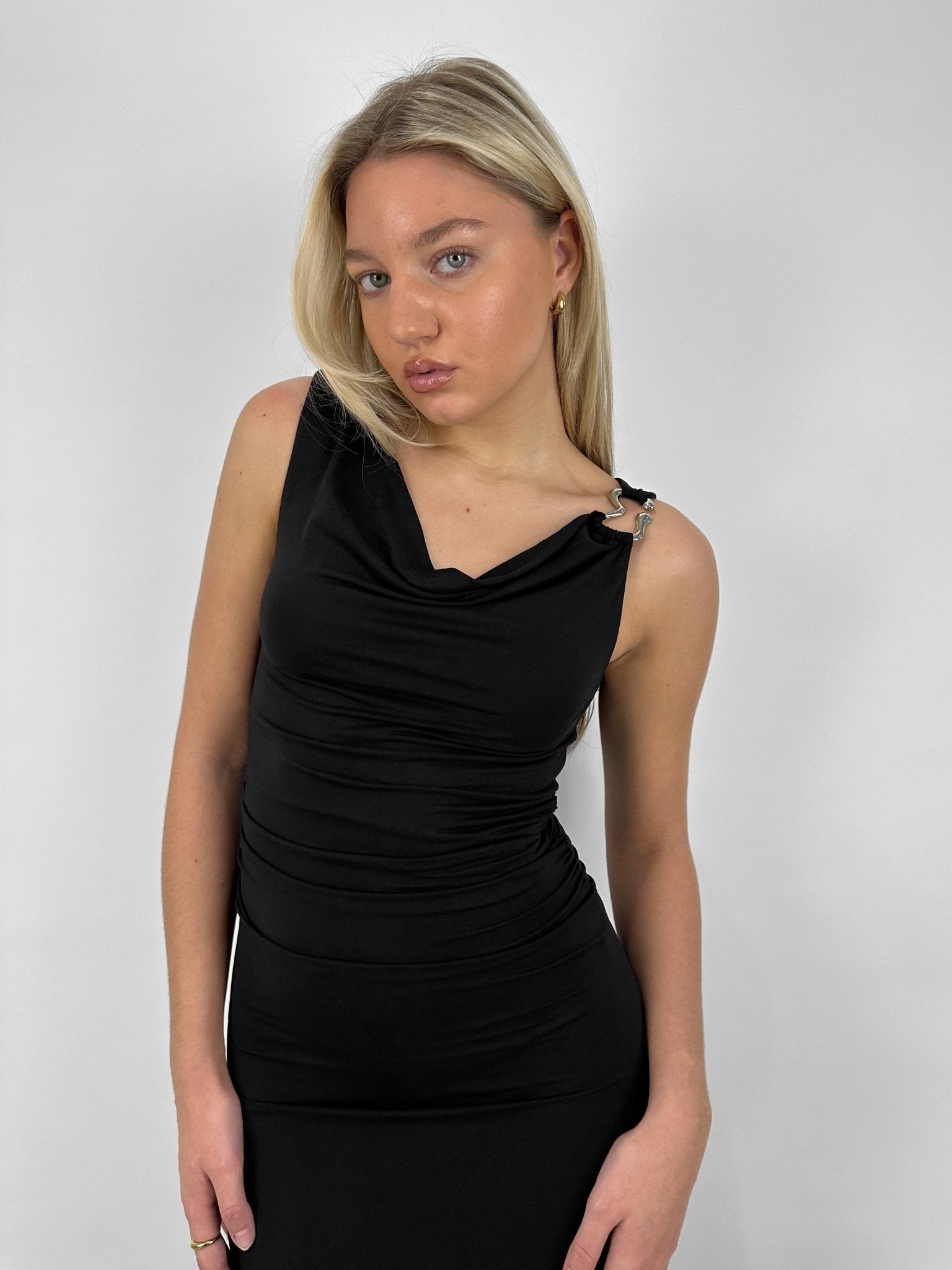 Organic Ring Hardware Cowl Neck Midi Dress - Vamp Official