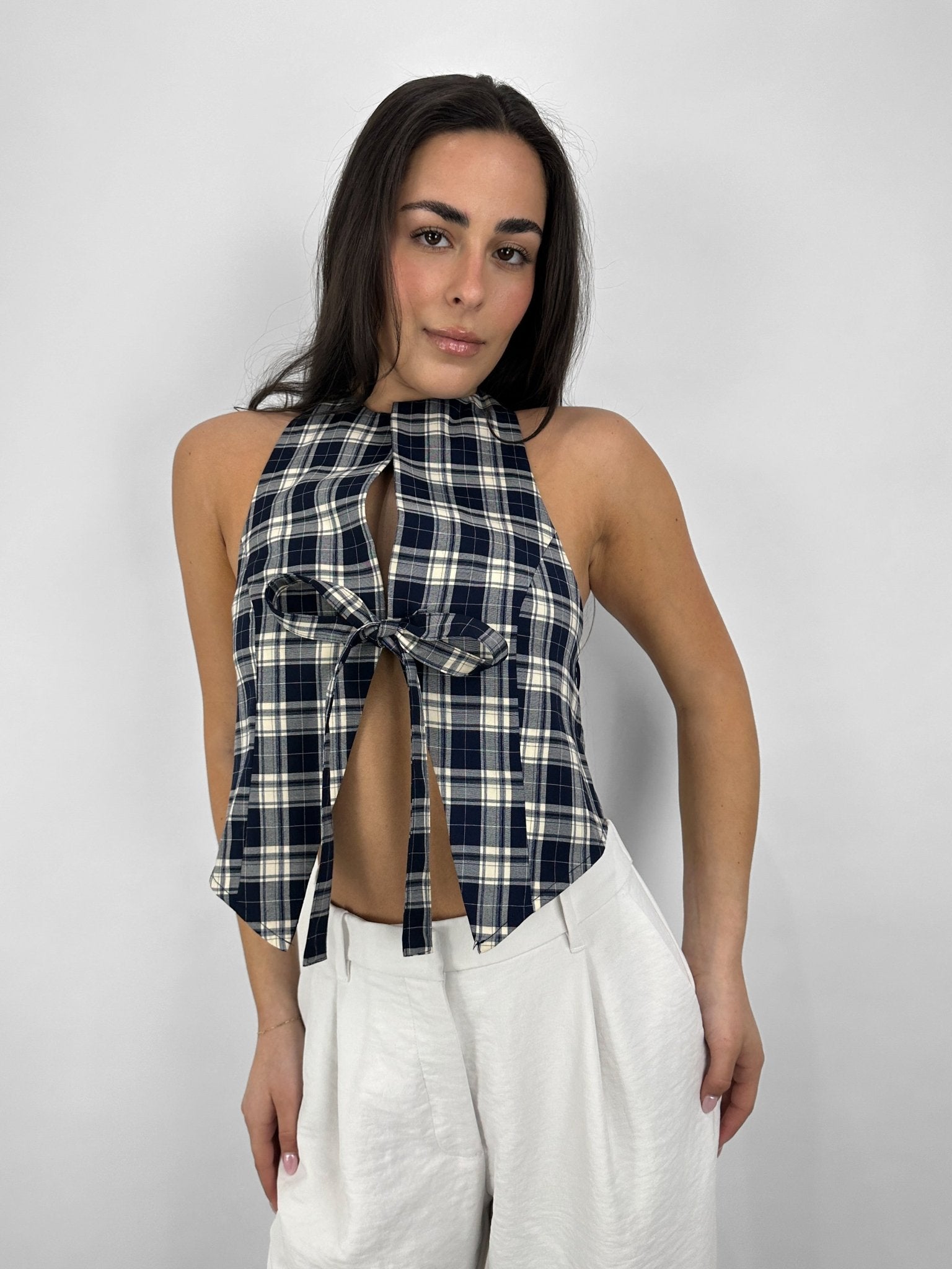 Plaid Tie Front Open Back Top - Vamp Official