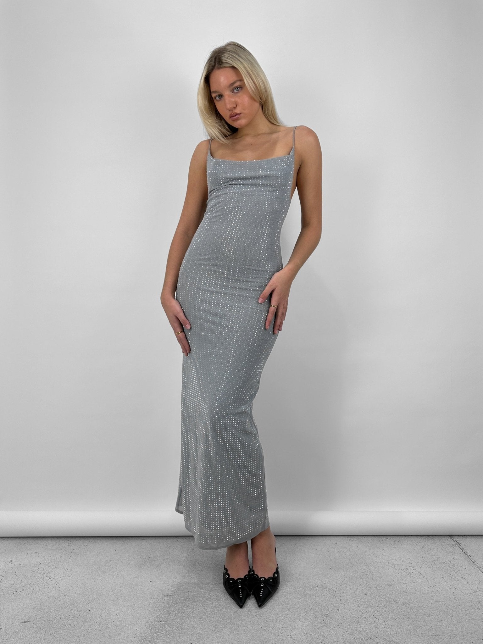 Rhinestone Cowl Neck Midi Dress - Vamp Official