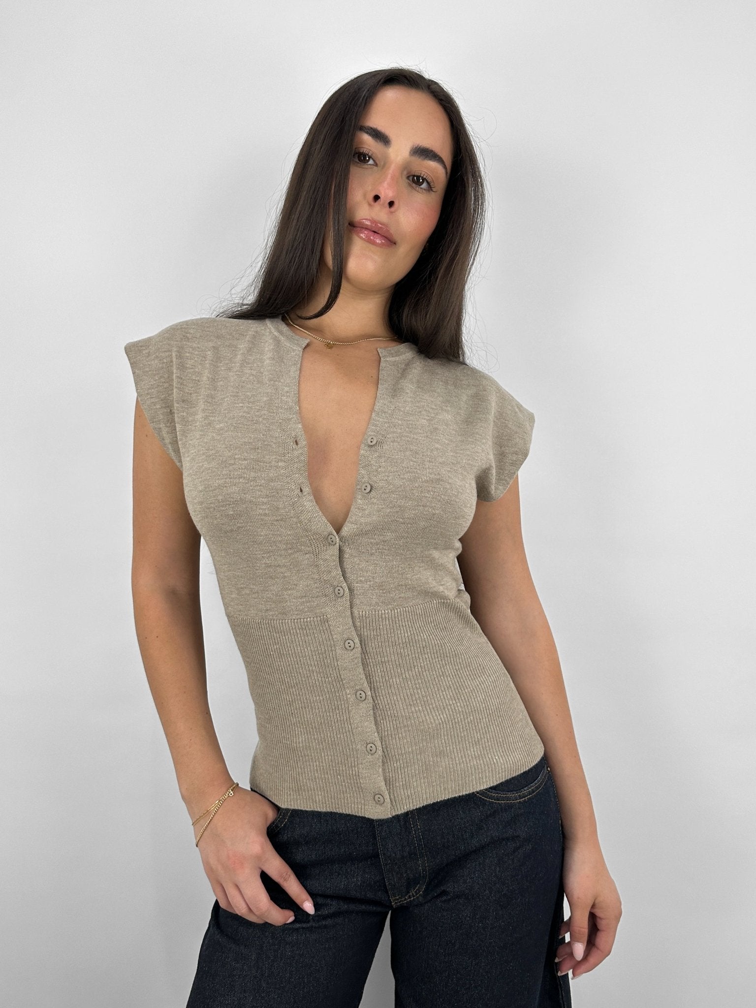 Ribbed Waist Broad Shoulder Cardi - Vamp Official