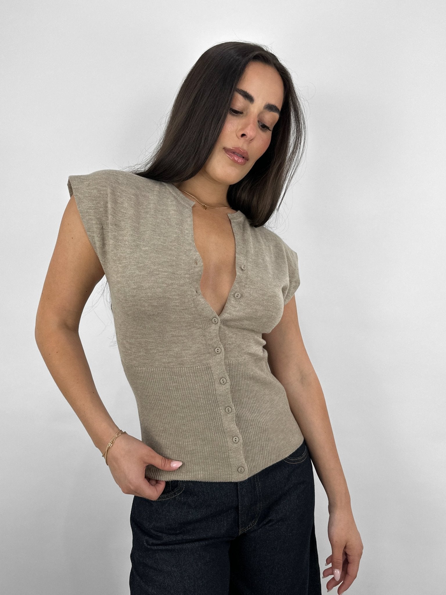 Ribbed Waist Broad Shoulder Cardi - Vamp Official