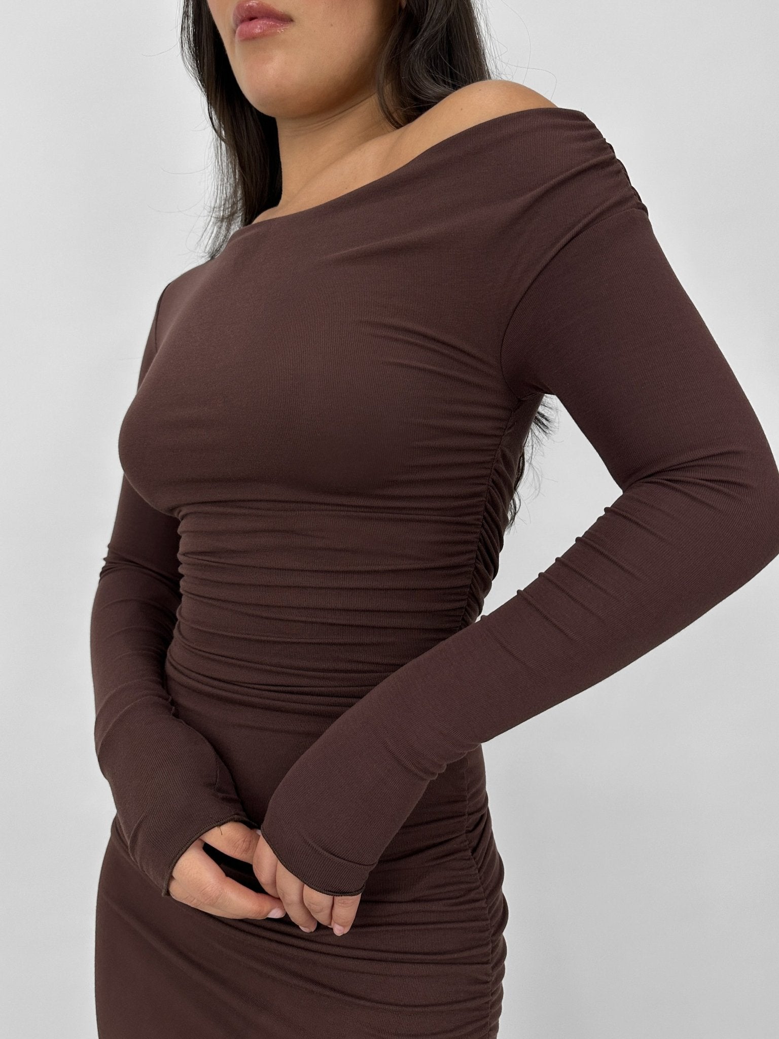 Ruched Asymmetrical Long Sleeve Mini Dress - Vamp Official