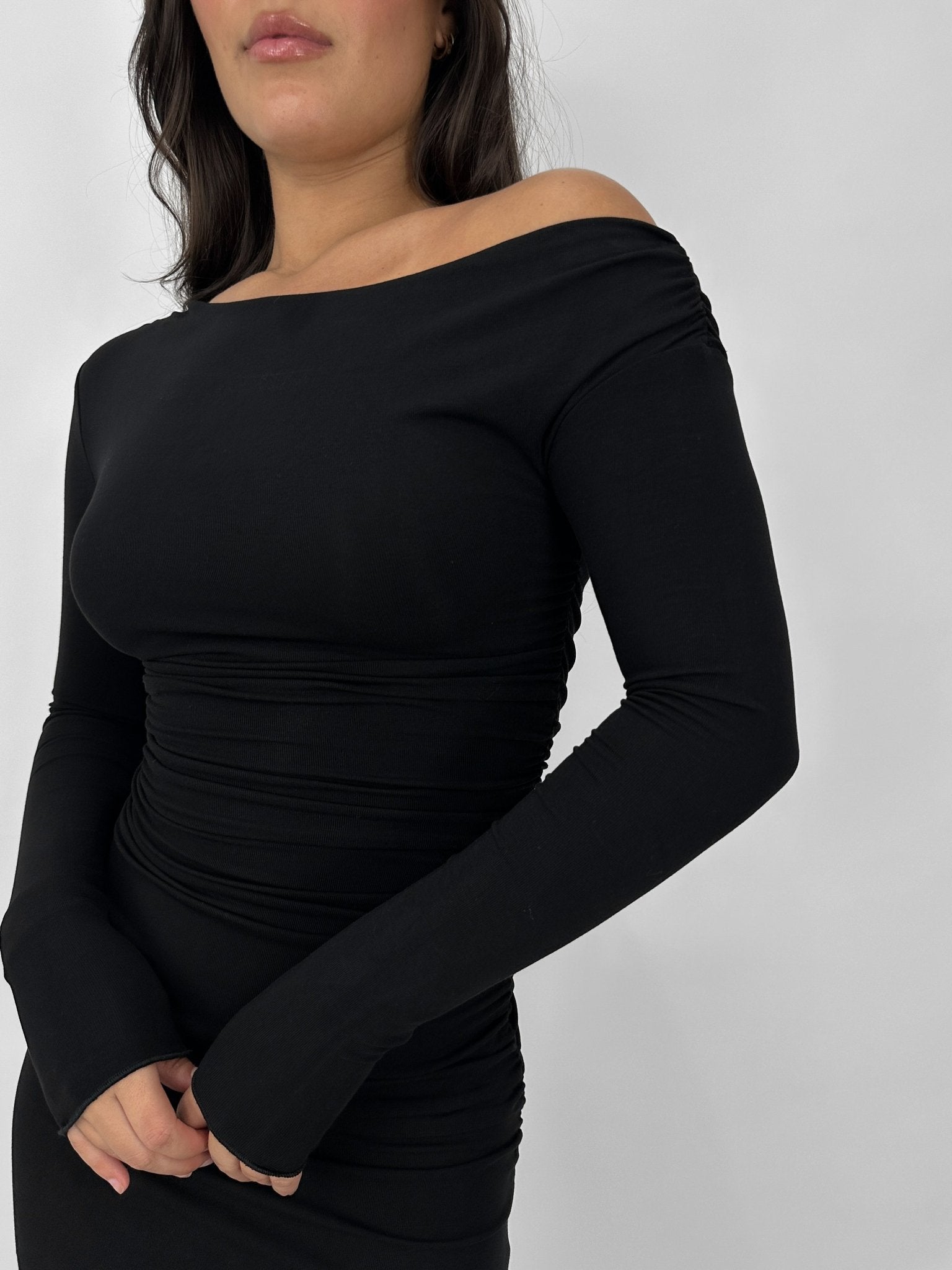 Ruched Asymmetrical Long Sleeve Mini Dress - Vamp Official