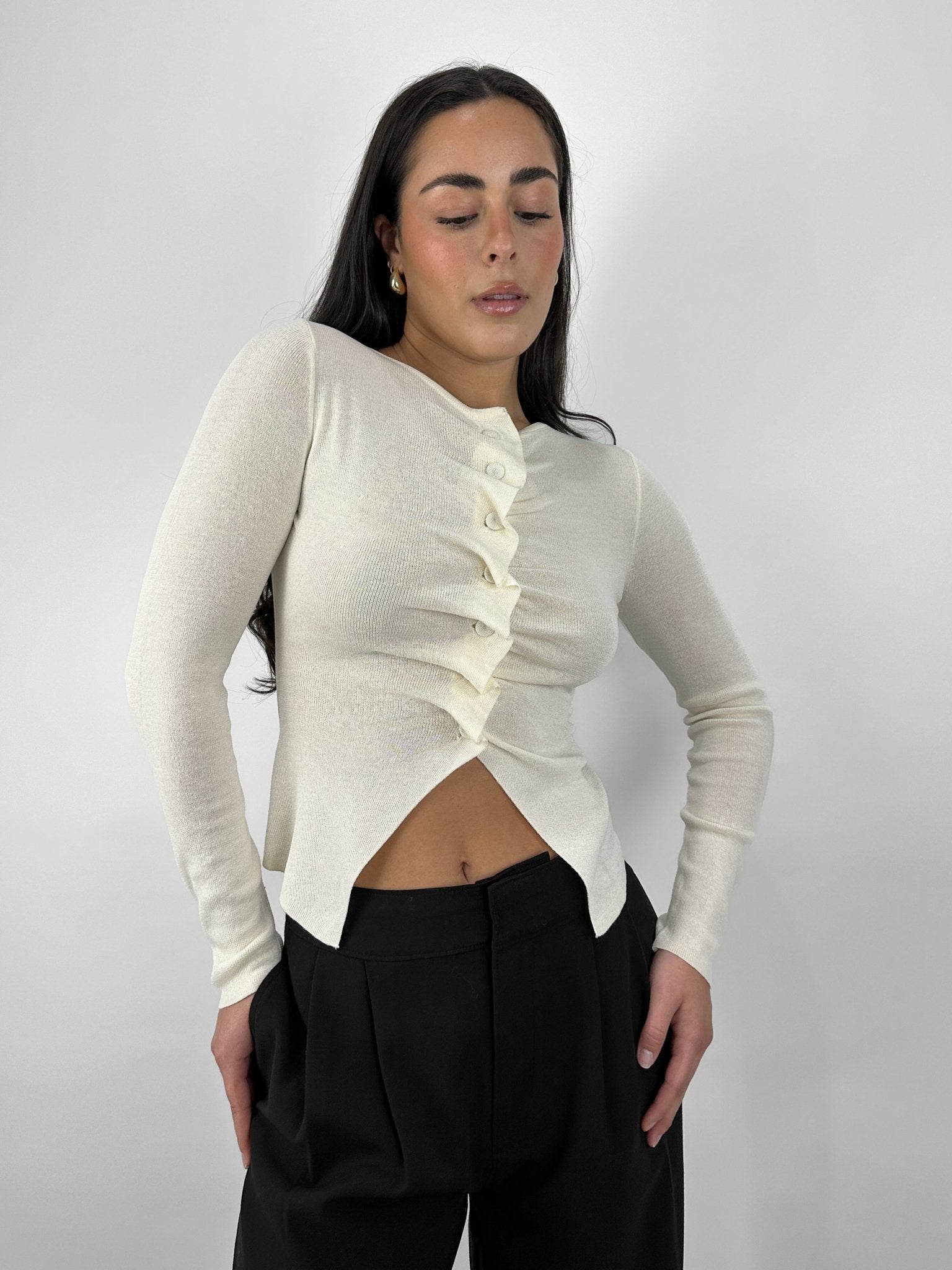 Ruched Button Ruffled Long Sleeve - Vamp Official