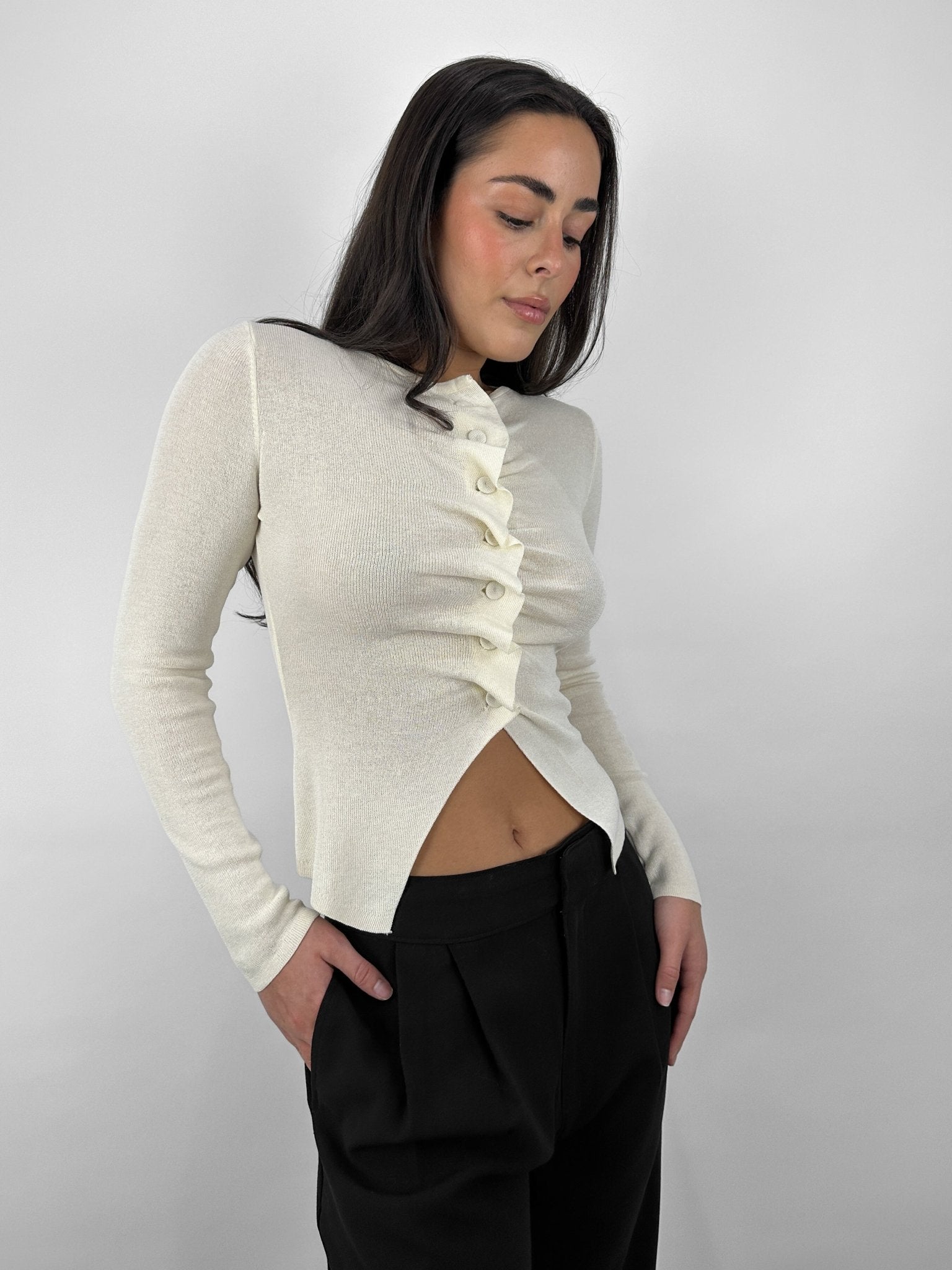 Ruched Button Ruffled Long Sleeve - Vamp Official