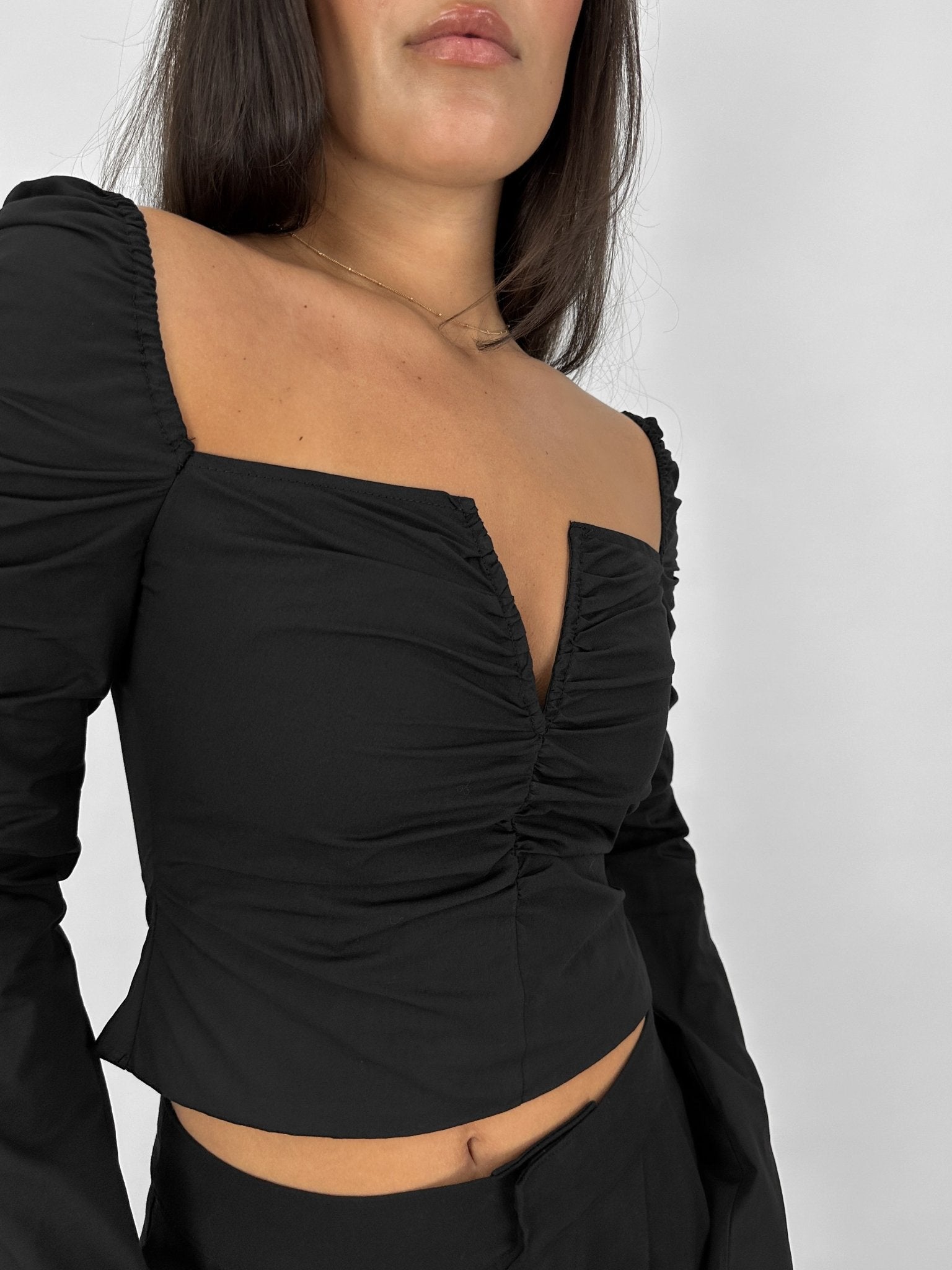 Ruched Long Sleeve V Neck Top - Vamp Official