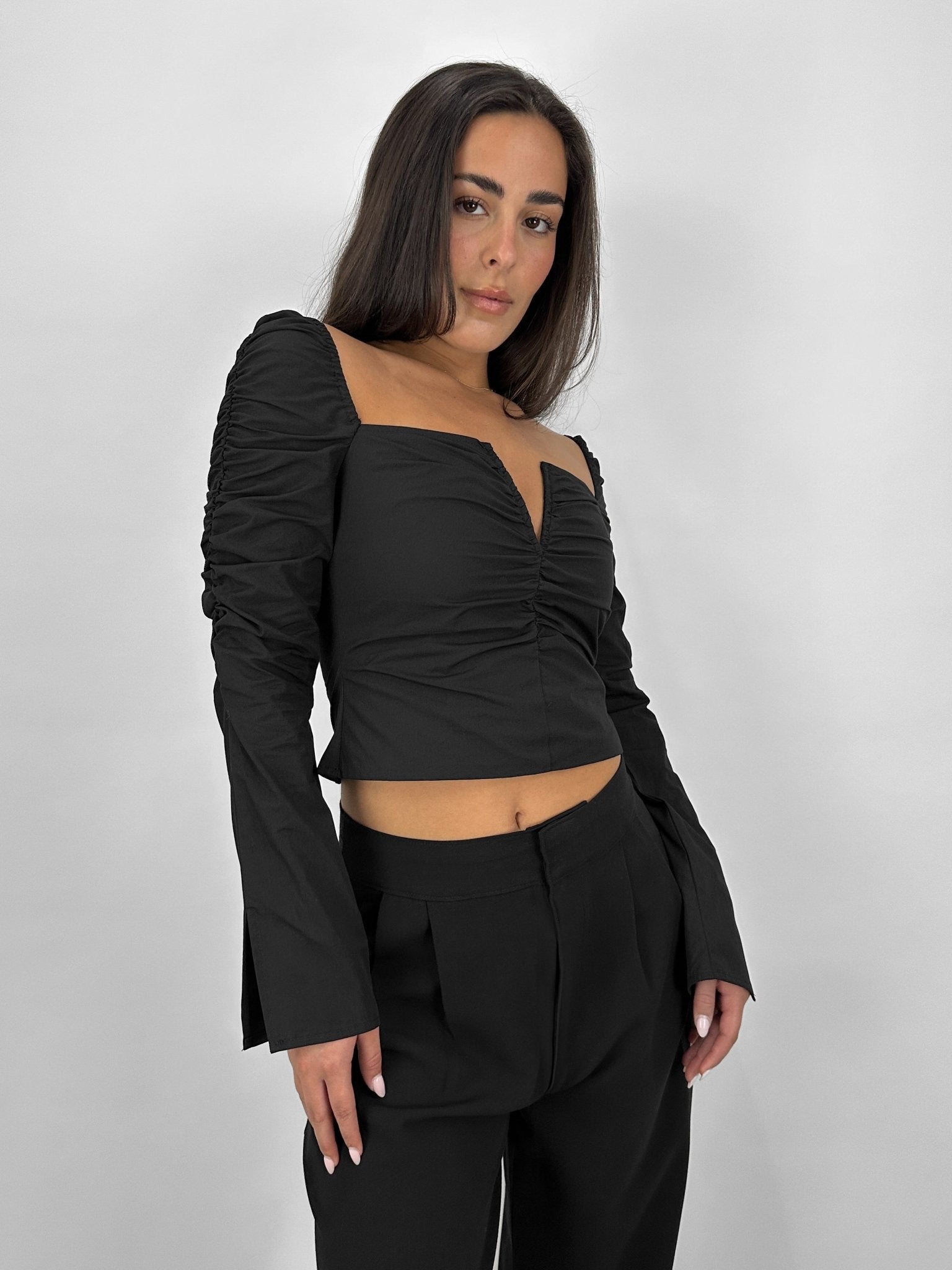 Ruched Long Sleeve V Neck Top - Vamp Official