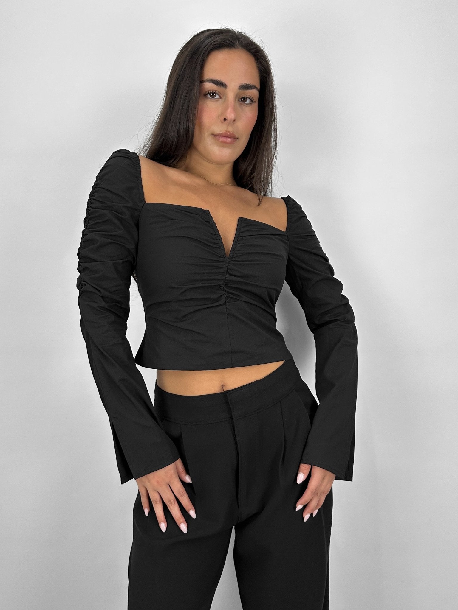 Ruched Long Sleeve V Neck Top - Vamp Official