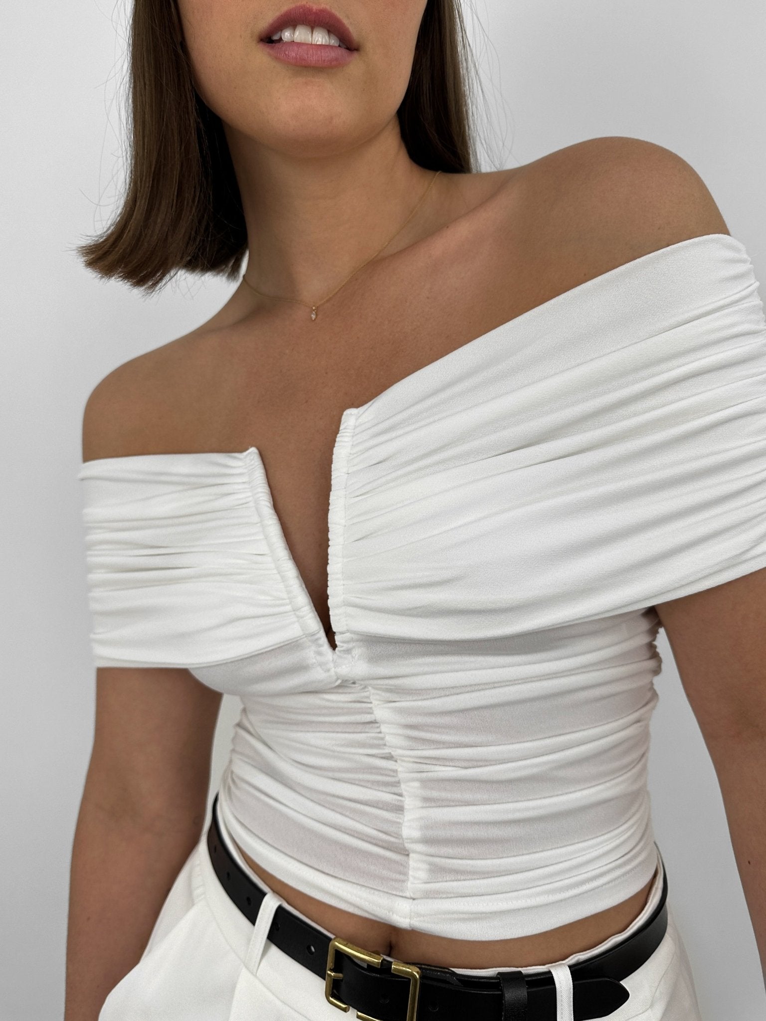 Ruched Off The Shoulder V Neck Top - Vamp Official