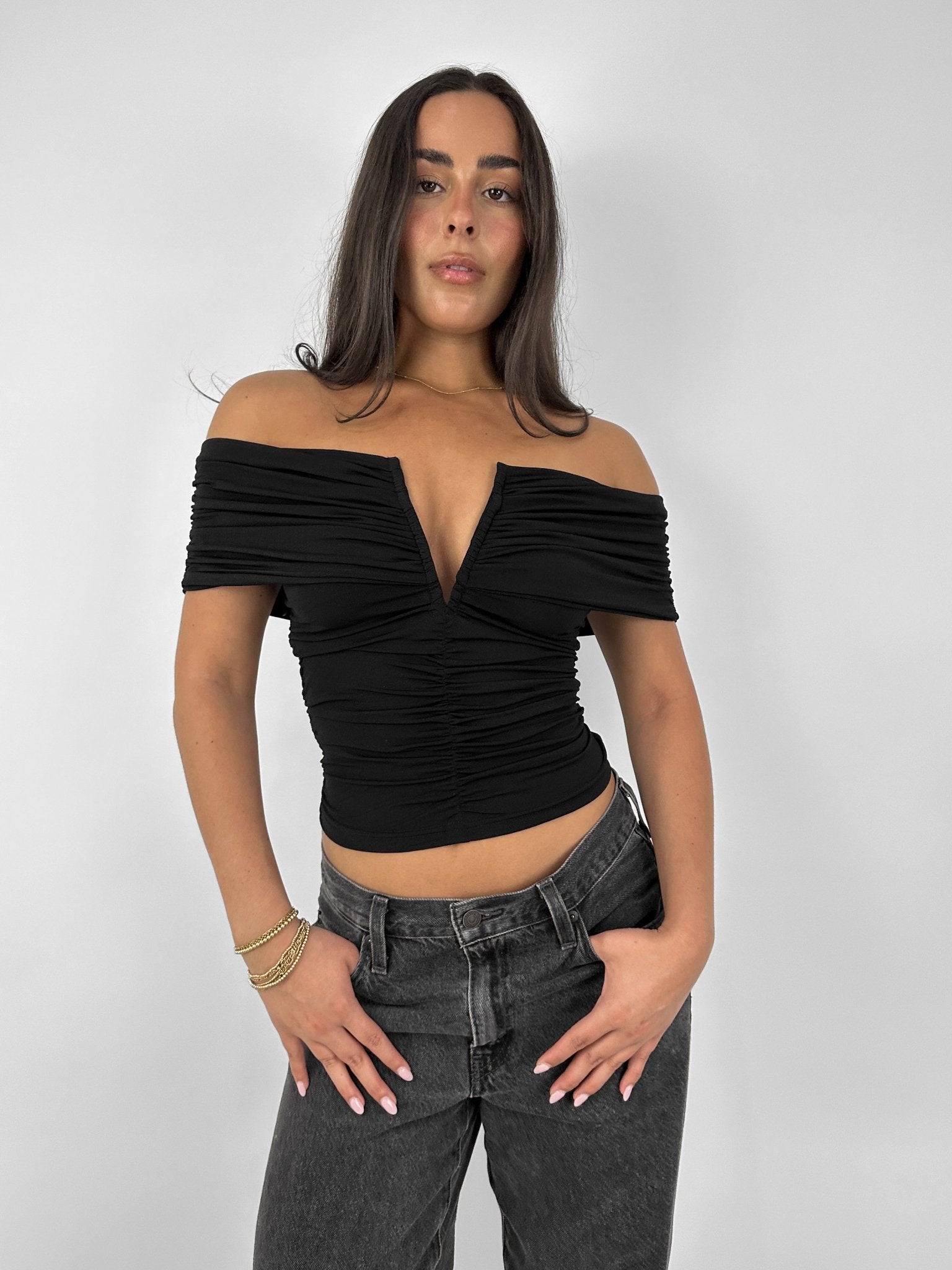 Ruched Off The Shoulder V Neck Top - Vamp Official