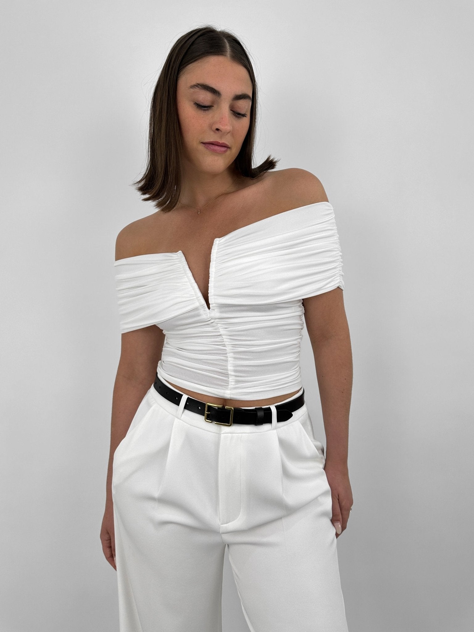 Ruched Off The Shoulder V Neck Top - Vamp Official