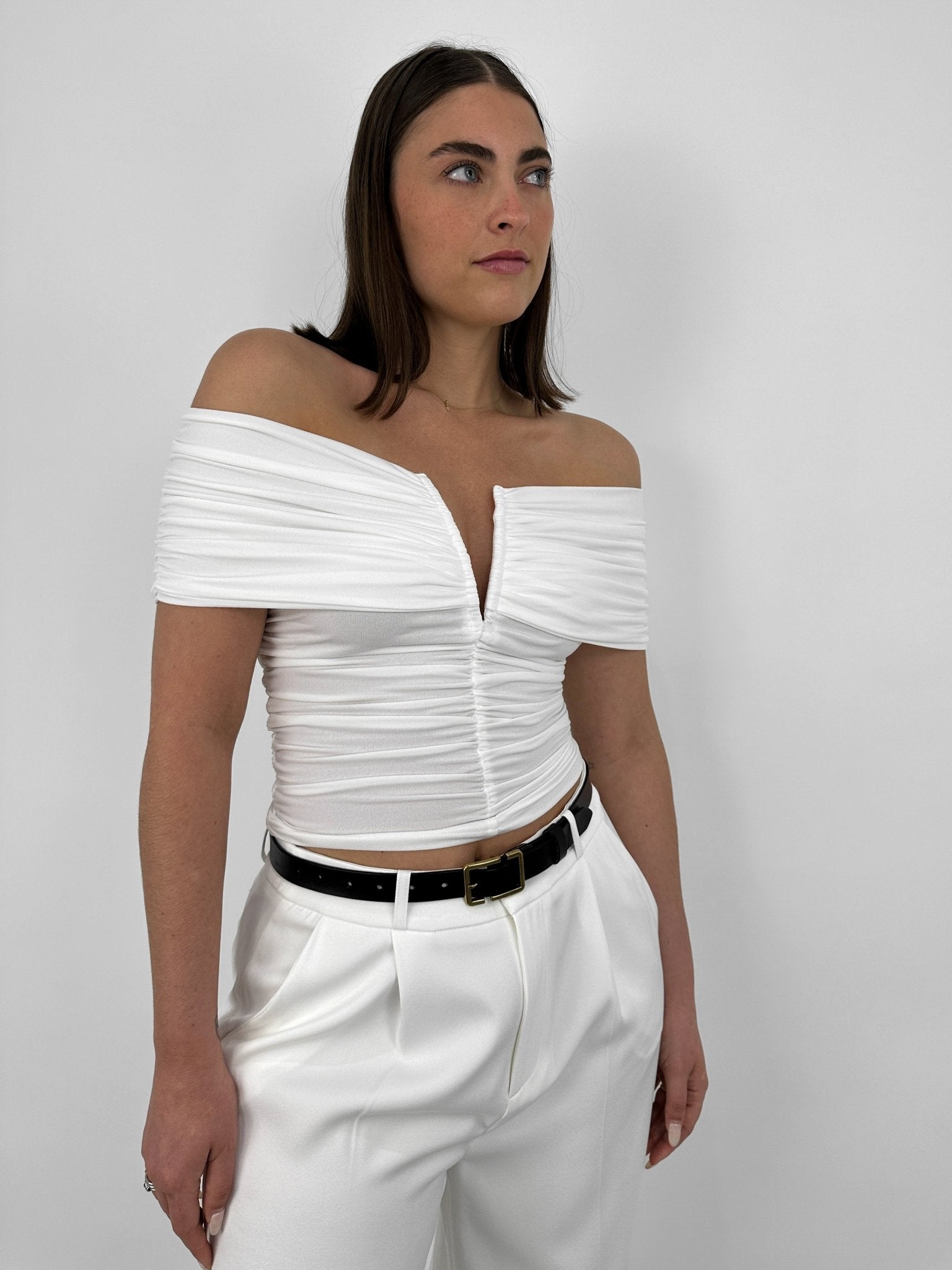 Ruched Off The Shoulder V Neck Top - Vamp Official