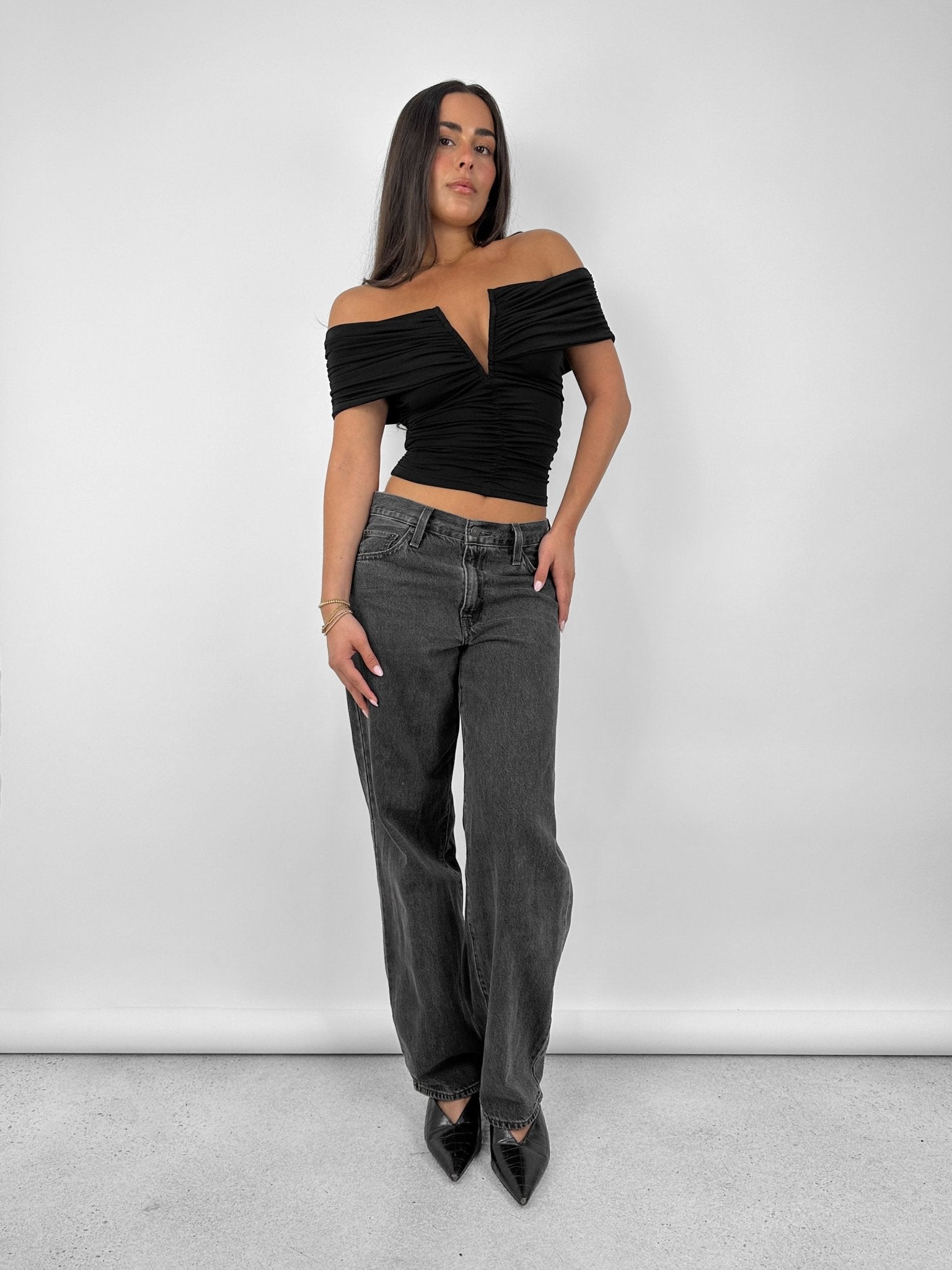 Ruched Off The Shoulder V Neck Top - Vamp Official