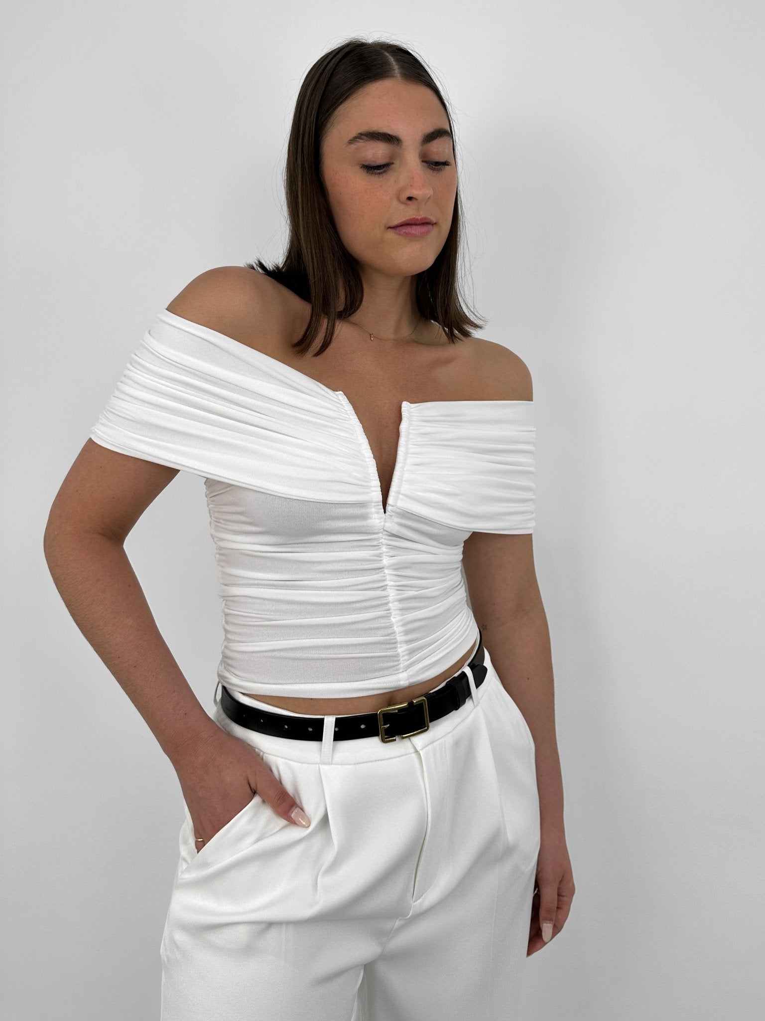 Ruched Off The Shoulder V Neck Top - Vamp Official