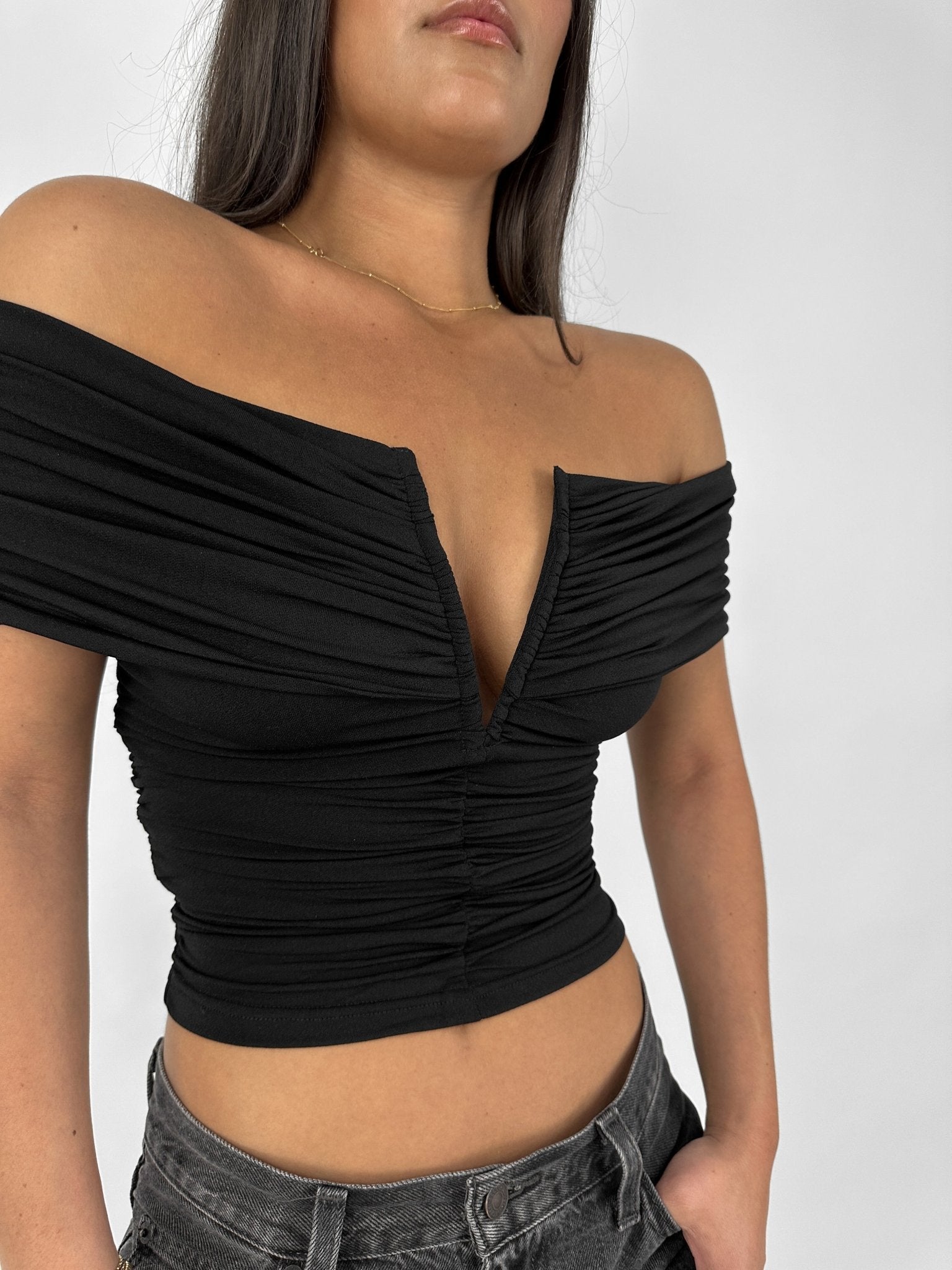 Ruched Off The Shoulder V Neck Top - Vamp Official